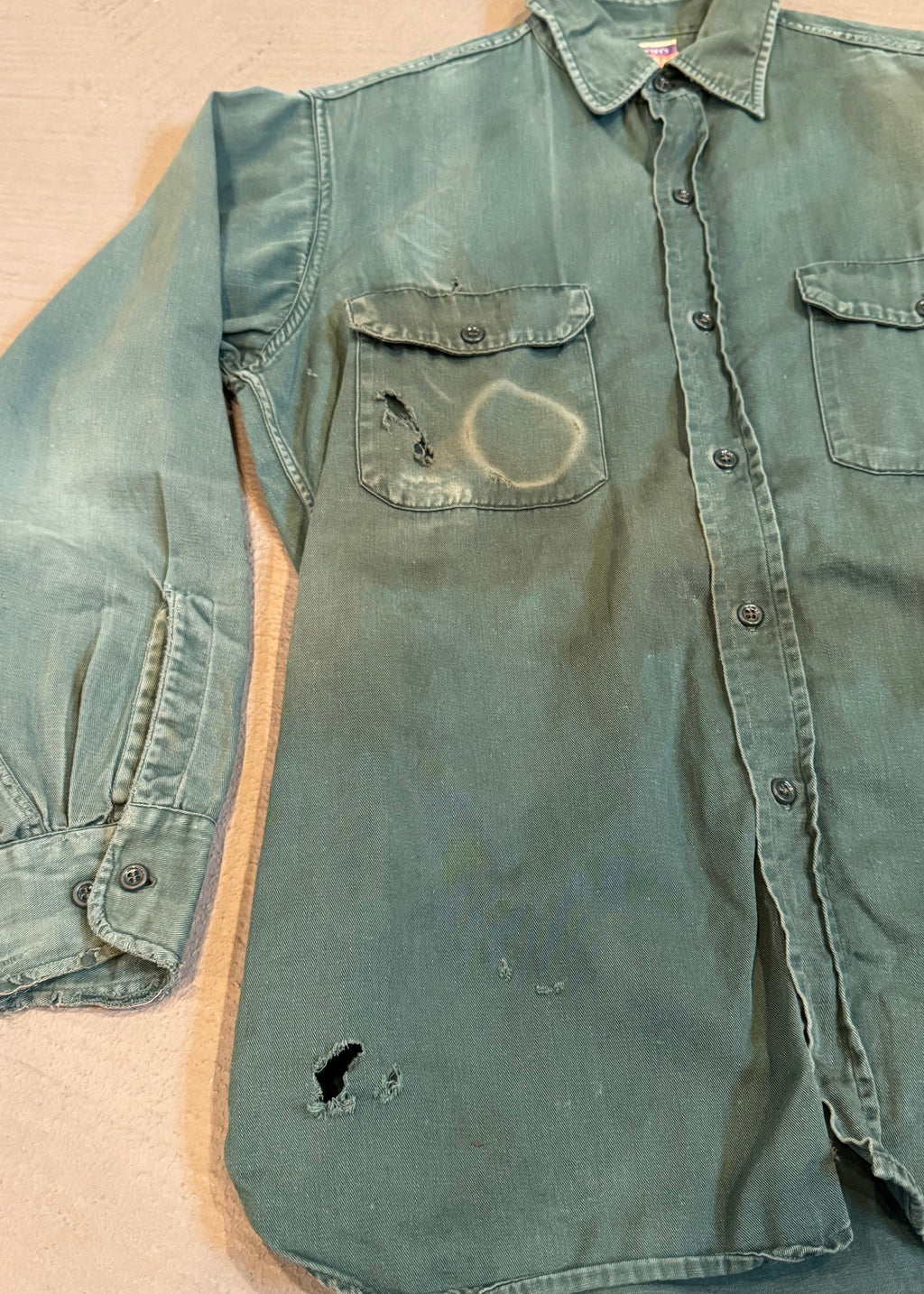 1950s Faded Green Distressed Work Shirt