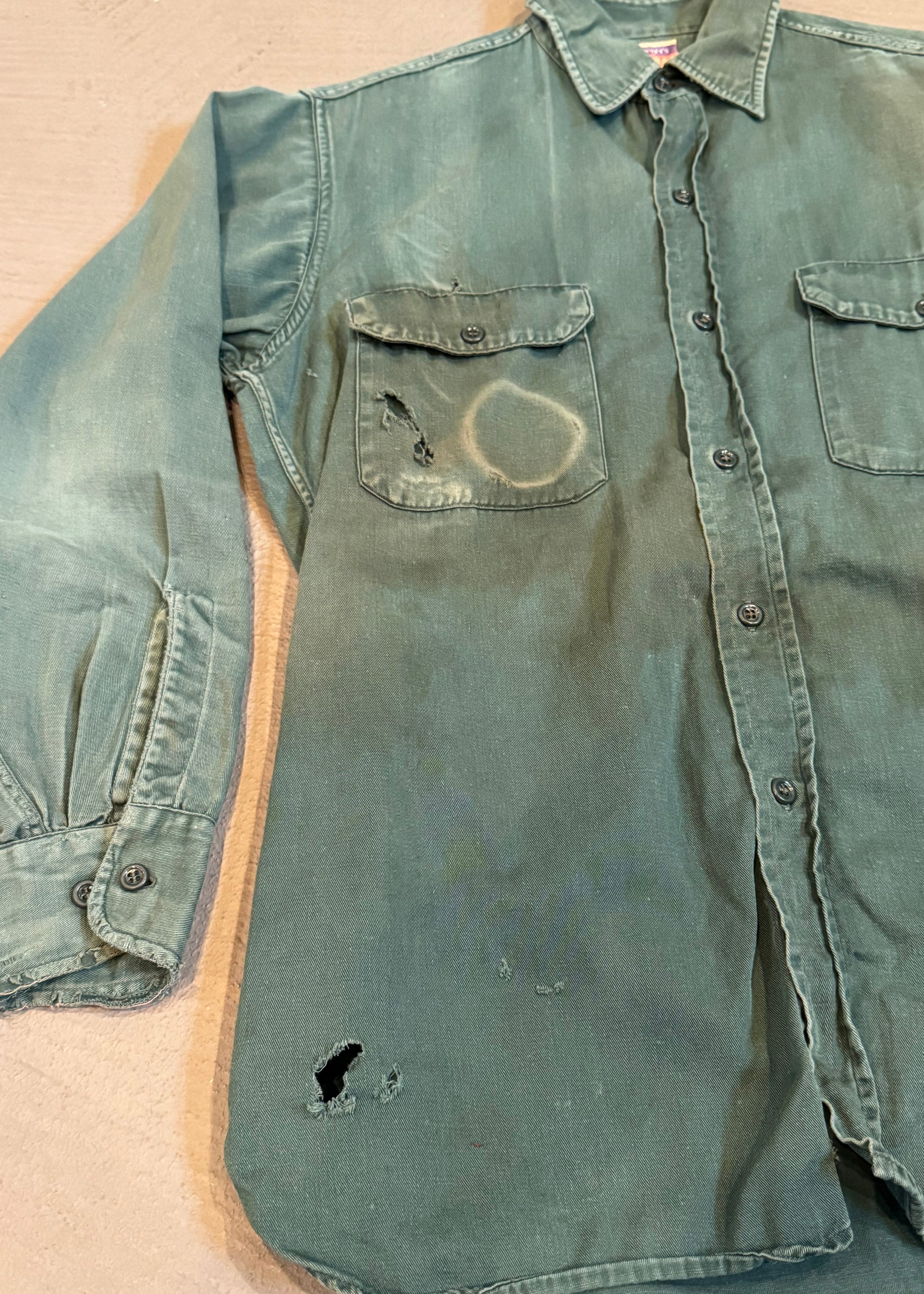 1950s Faded Green Distressed Work Shirt