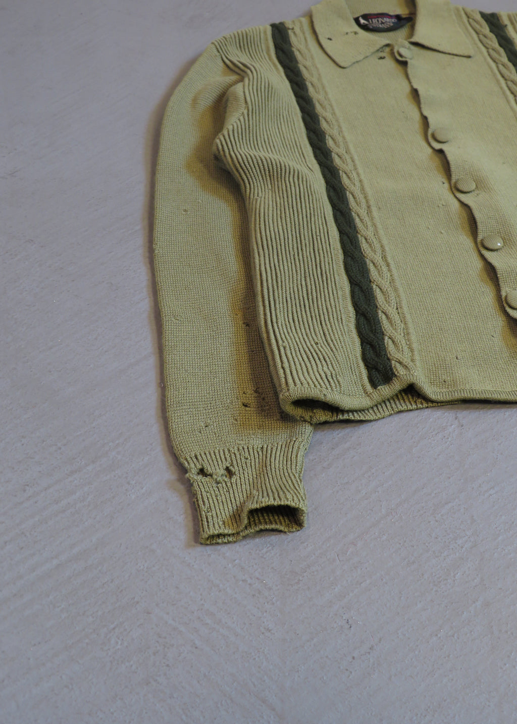 1960s Leonardo Strassi Green Cable Knit Distressed Moth Eaten Button Up Cardigan Sweater