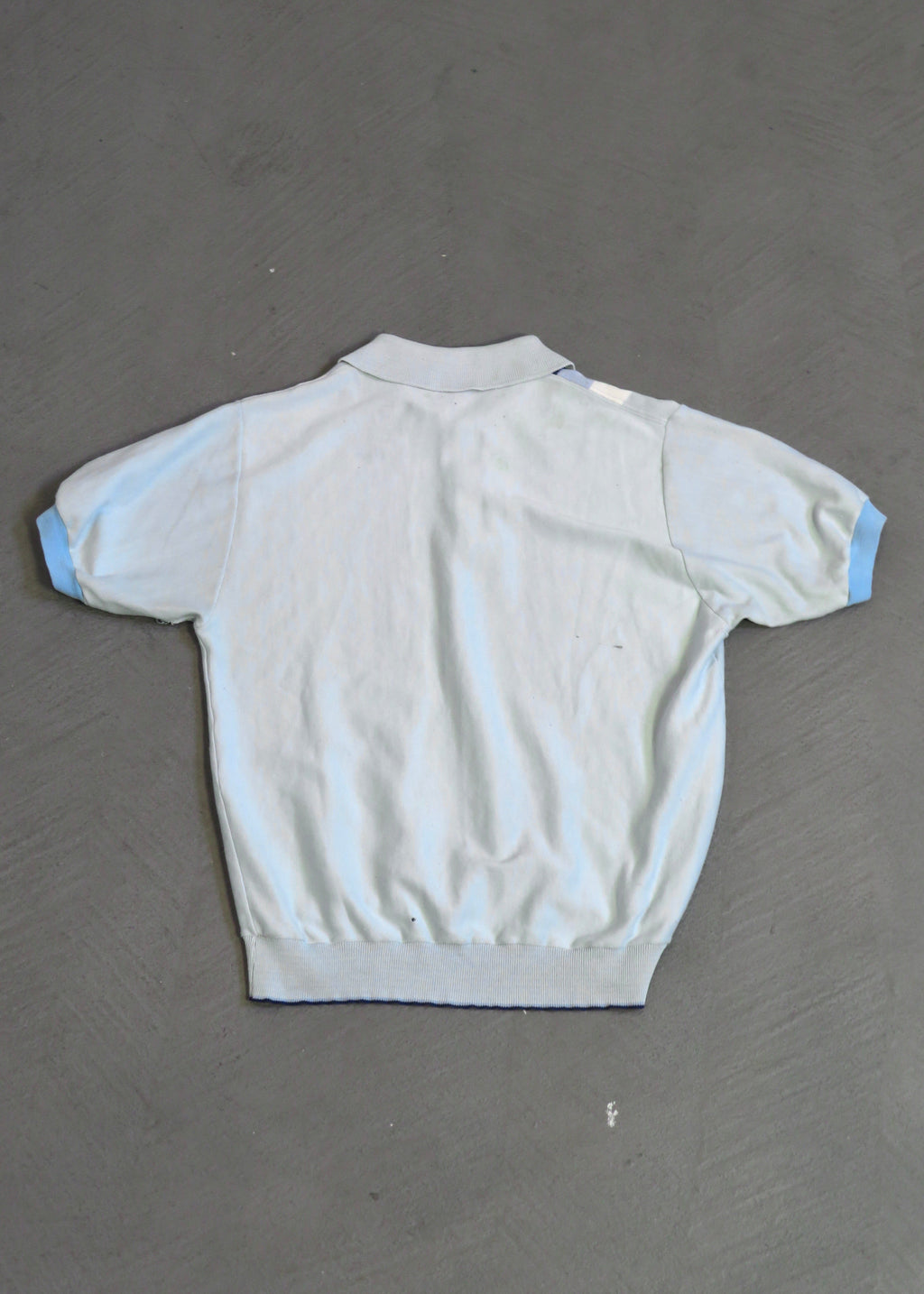 1960s Distressed Paint Splattered Light Blue Striped Polo Shirt