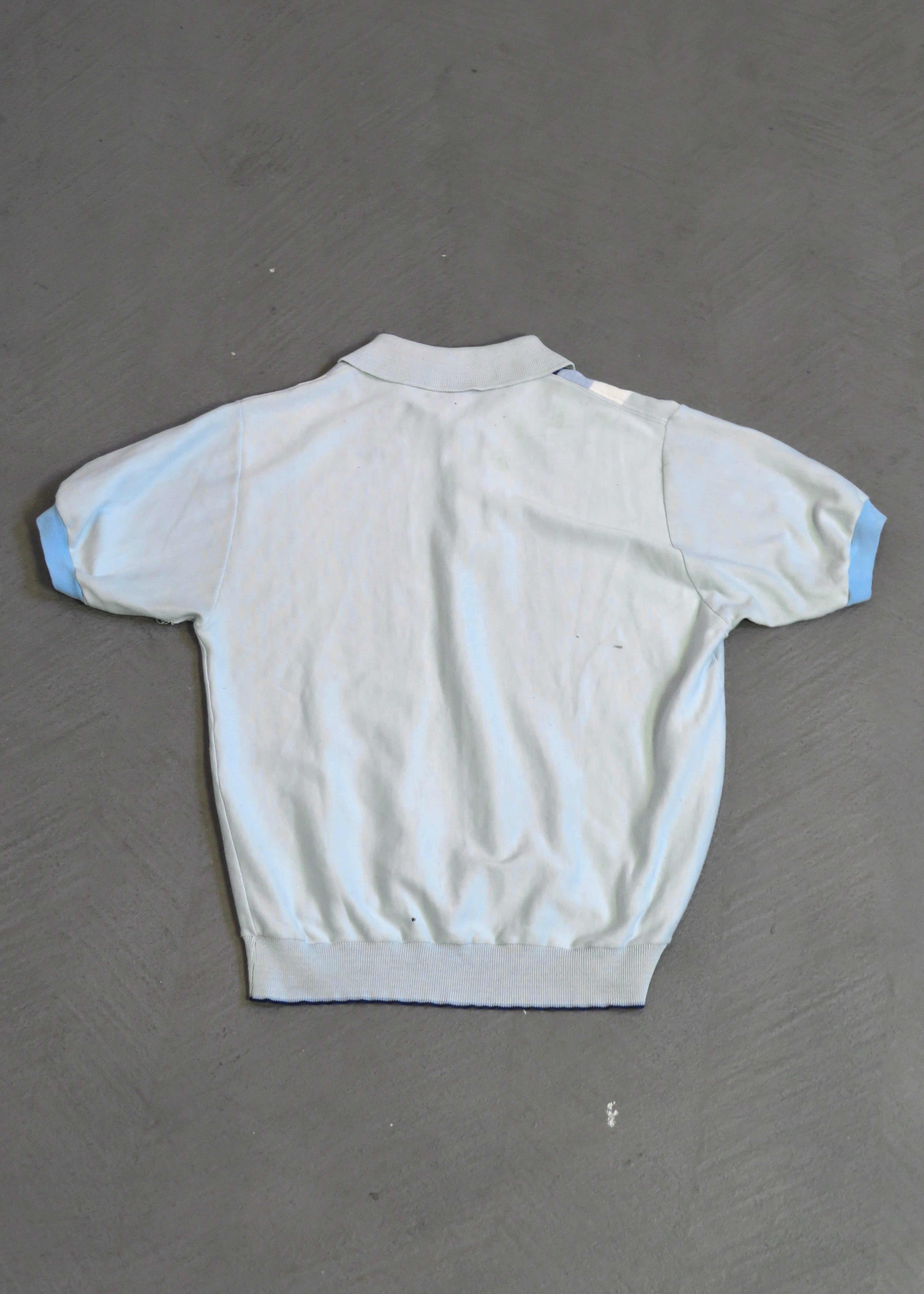 1960s Distressed Paint Splattered Light Blue Striped Polo Shirt
