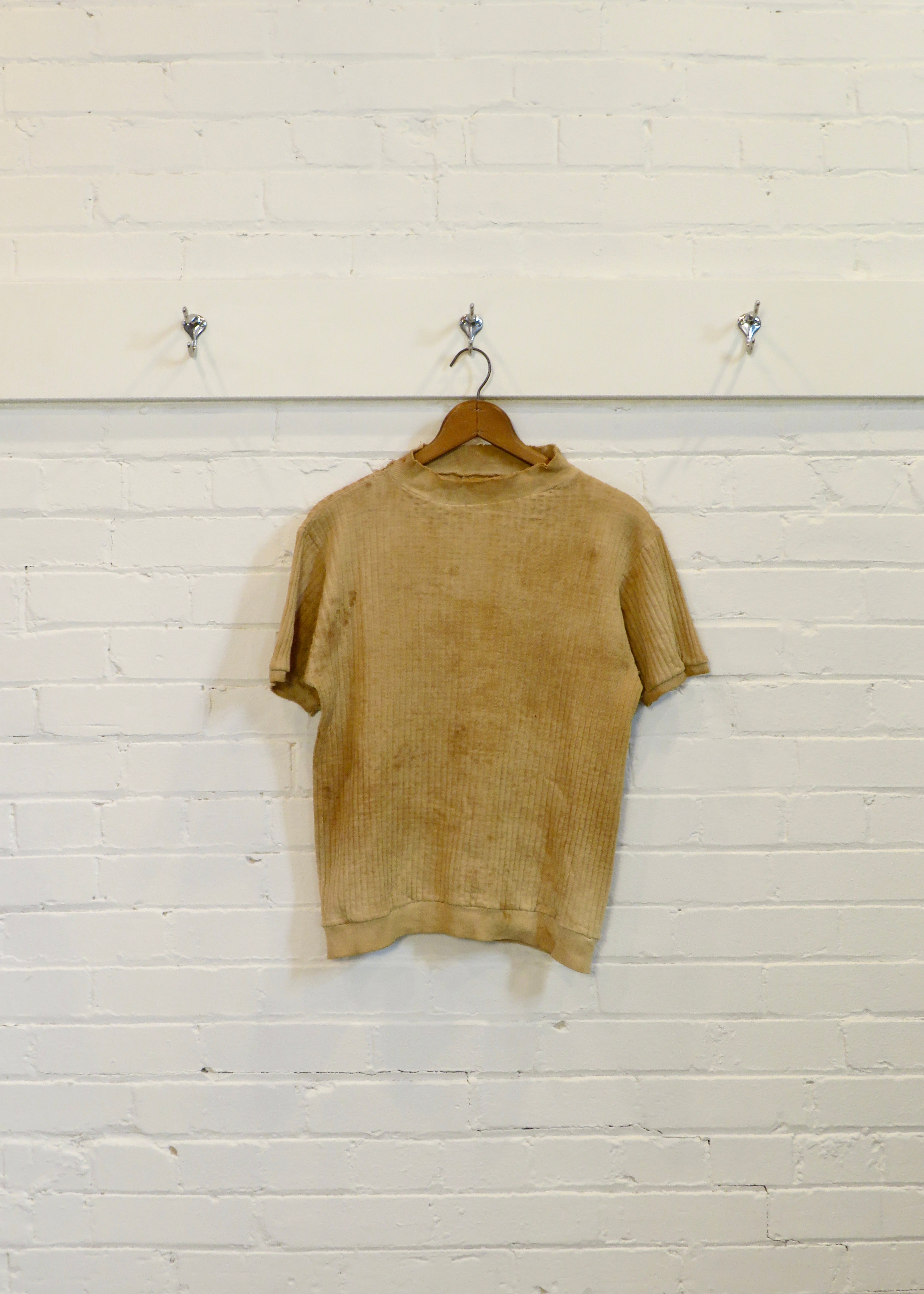 1940s Distressed Rib Knit Mock Neck T-Shirt