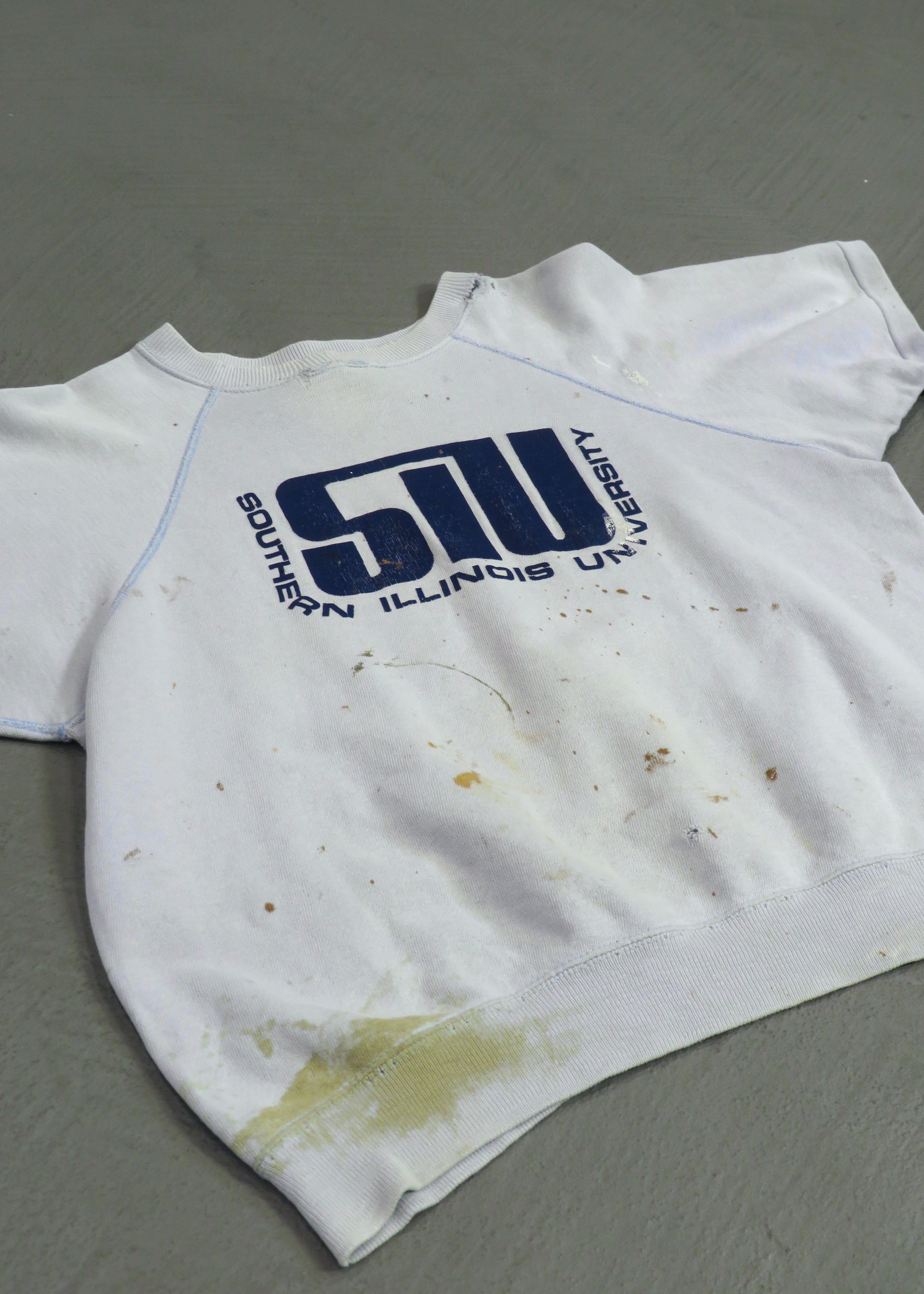 1960s Southern Illinois University Light Blue Distressed Short Sleeved Sweatshirt