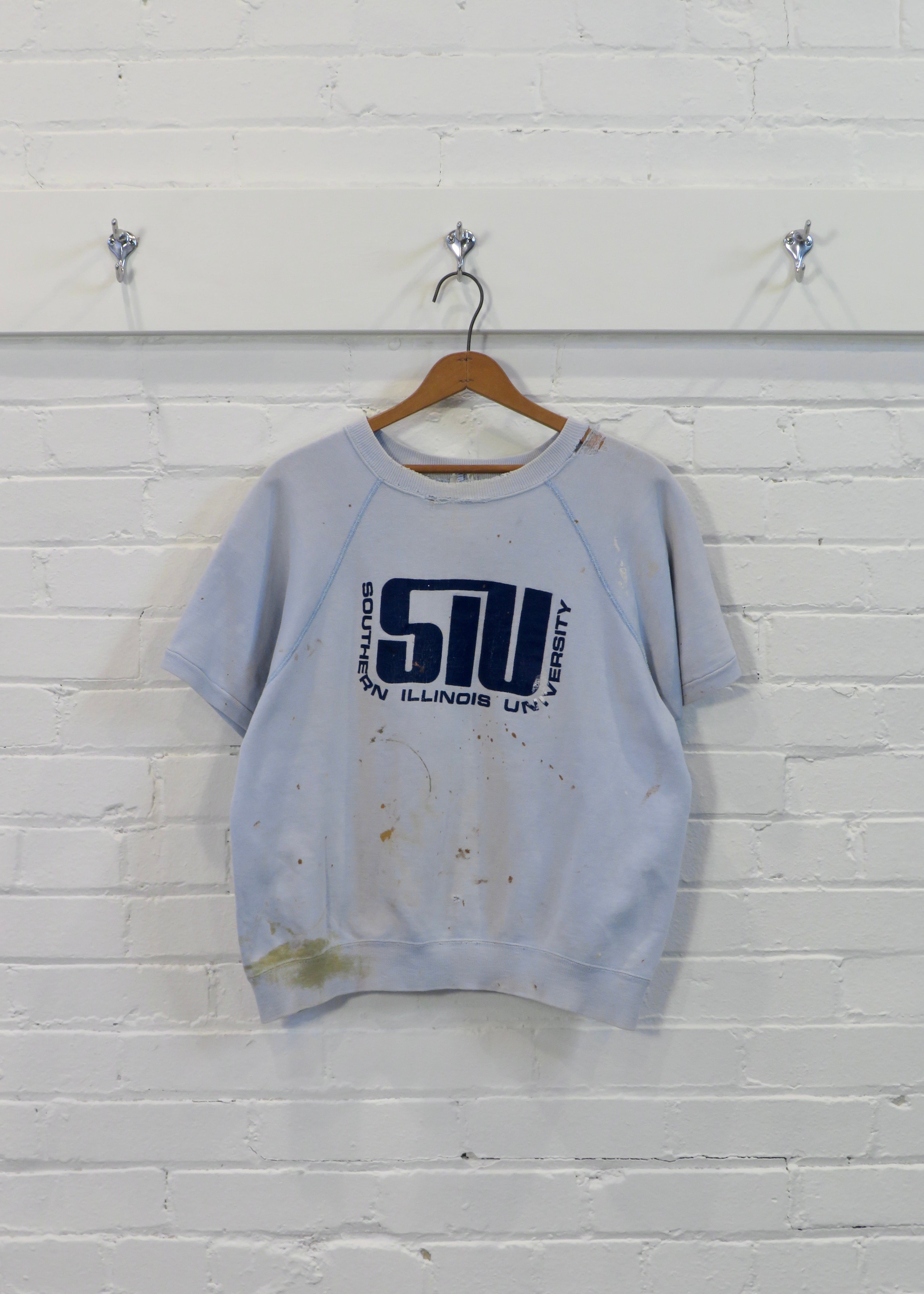 1960s Southern Illinois University Light Blue Distressed Short Sleeved Sweatshirt