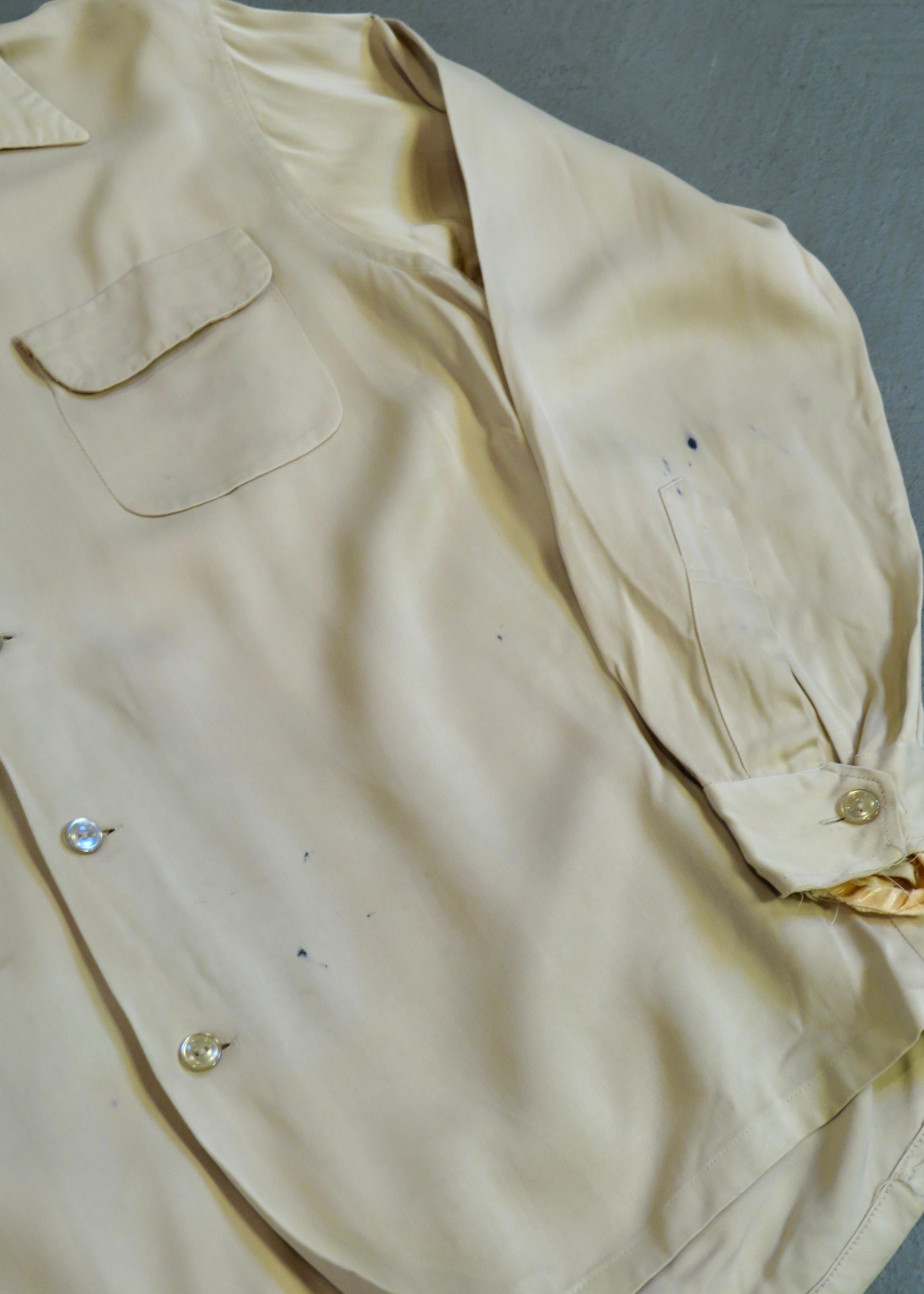 1950s Distressed Tan Rayon Gabardine Overshirt