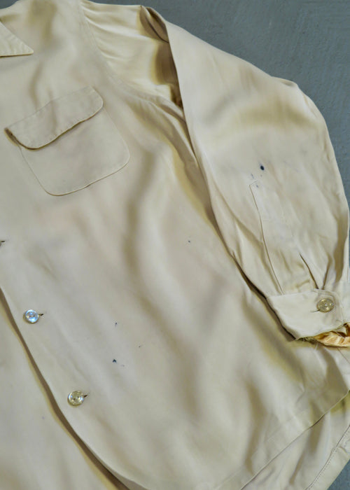 1950s Distressed Tan Rayon Gabardine Overshirt
