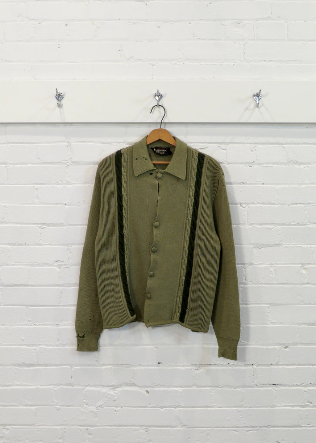 1960s Leonardo Strassi Green Cable Knit Distressed Moth Eaten Button Up Cardigan Sweater