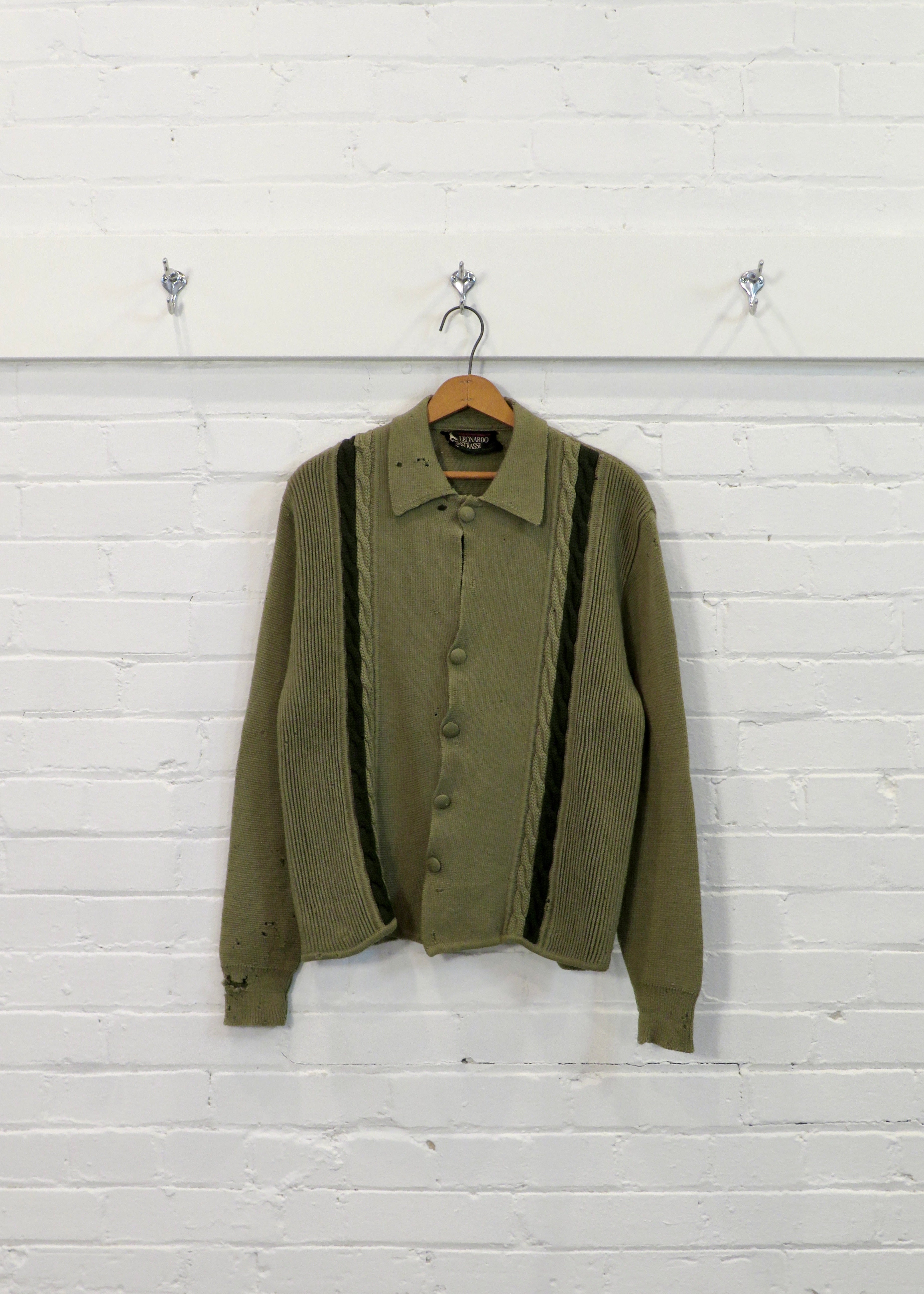 1960s Leonardo Strassi Green Cable Knit Distressed Moth Eaten Button Up Cardigan Sweater