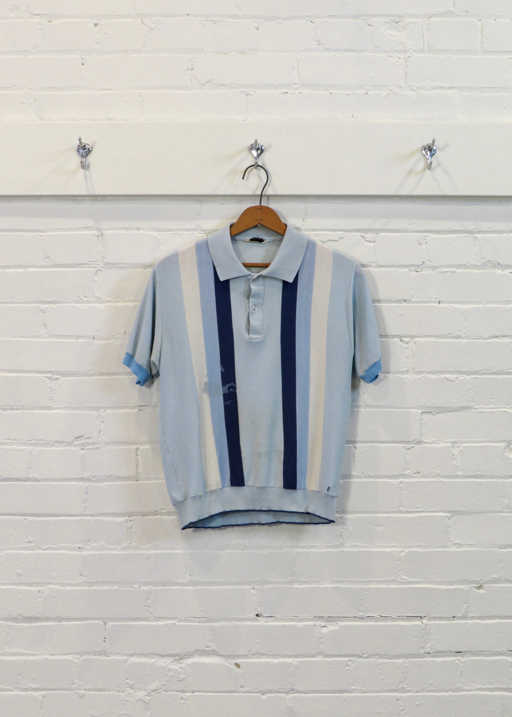 1960s Distressed Paint Splattered Light Blue Striped Polo Shirt