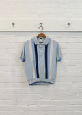 1960s Distressed Paint Splattered Light Blue Striped Polo Shirt