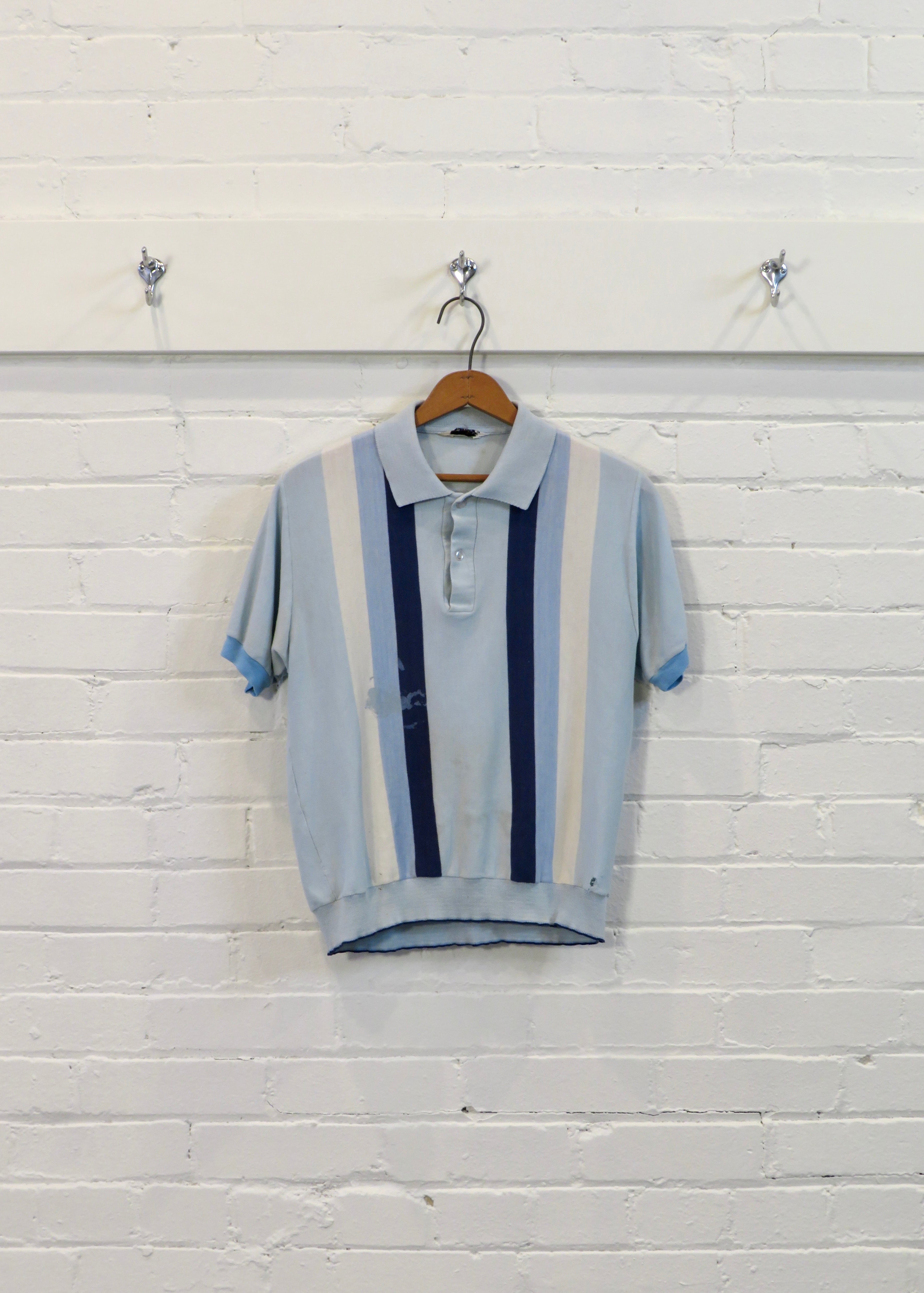 1960s Distressed Paint Splattered Light Blue Striped Polo Shirt
