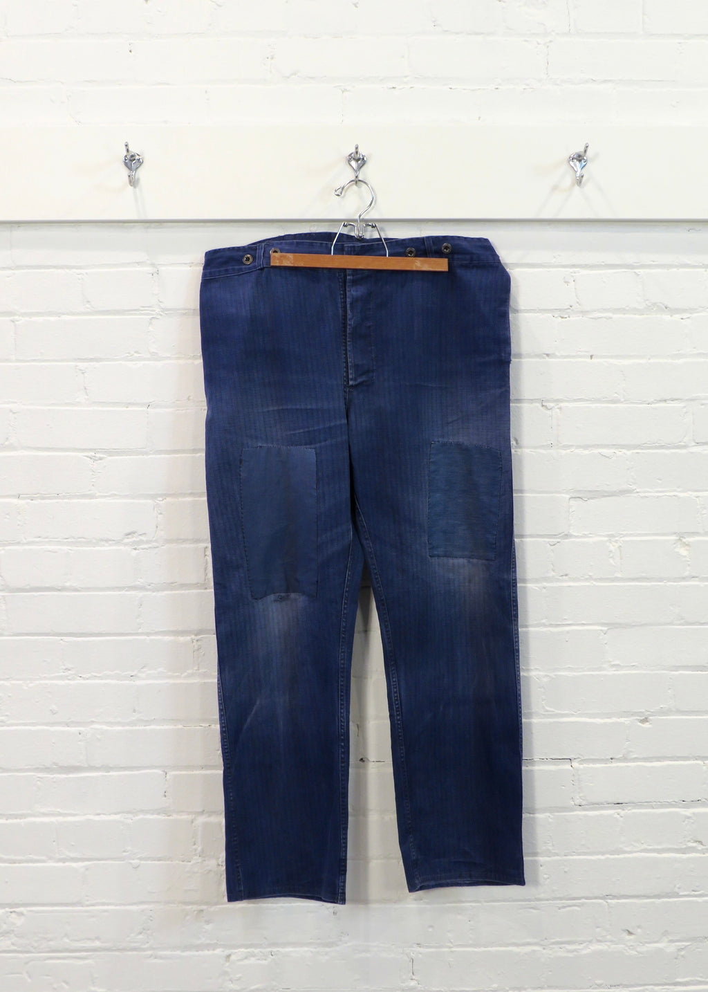 1960s German European Blue Repaired HBT Herringbone Workwear Pants