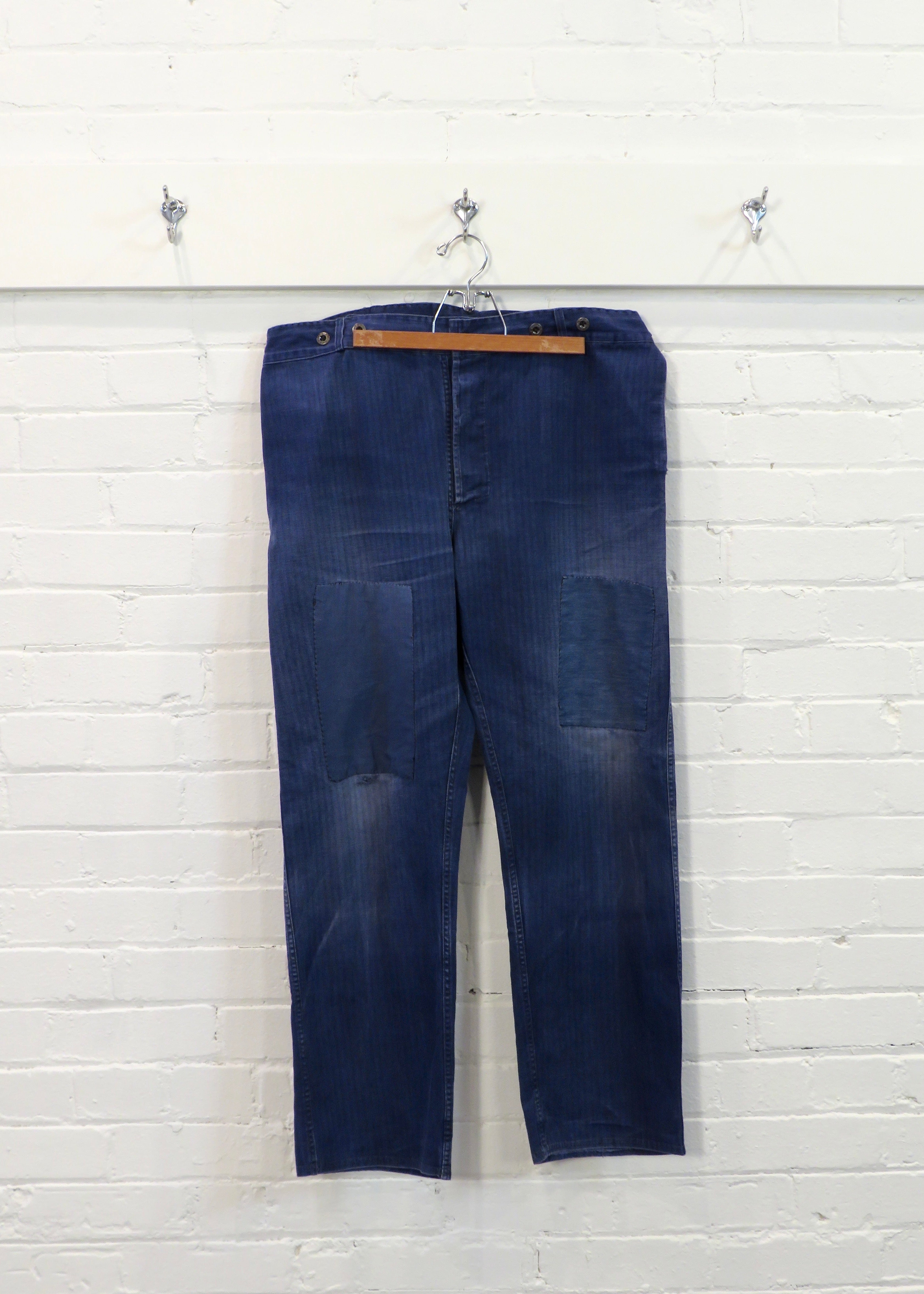 1960s German European Blue Repaired HBT Herringbone Workwear Pants