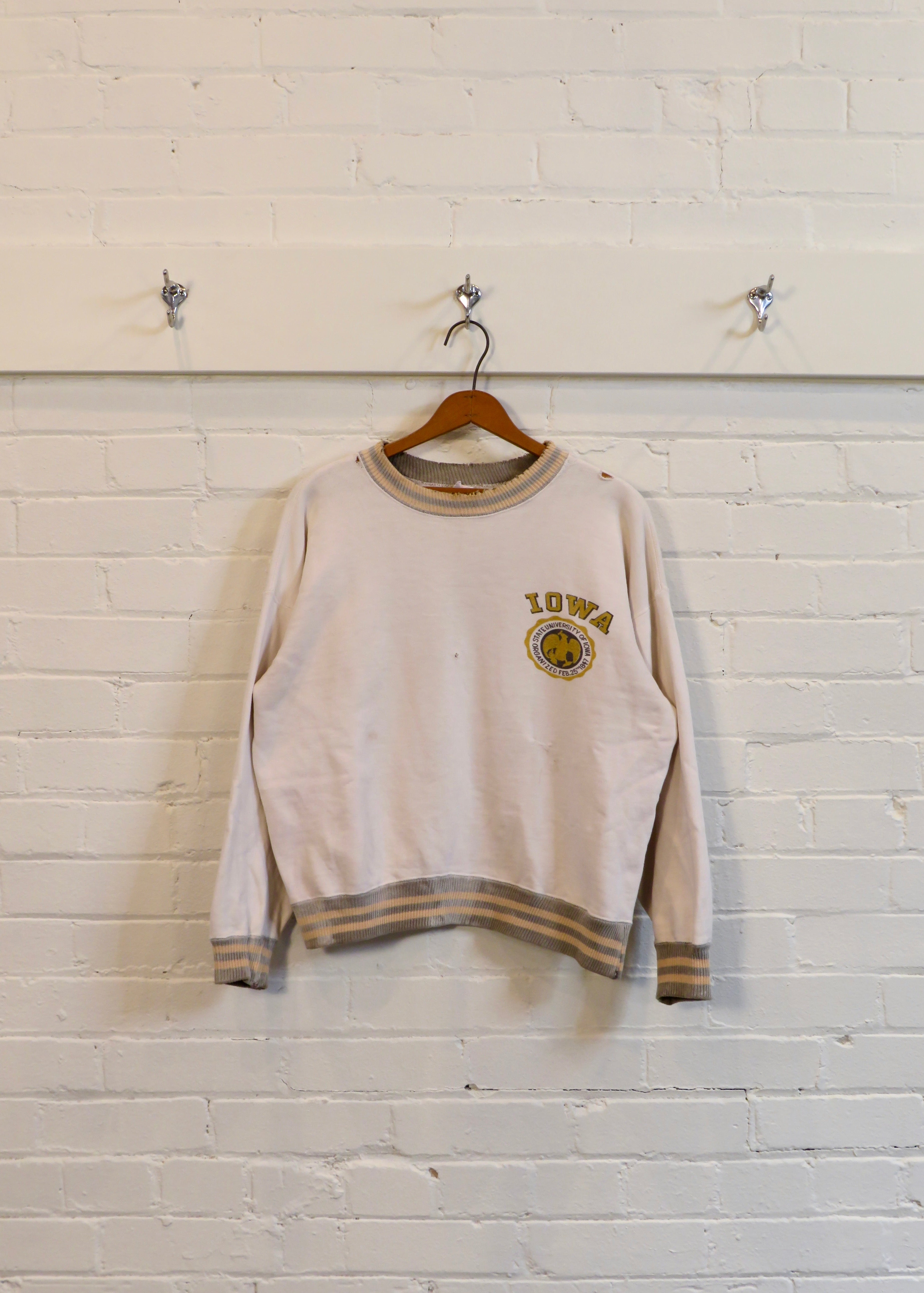 1950s University of Iowa Contrast Rib White Champion Running Man Crewneck Sweatshirt