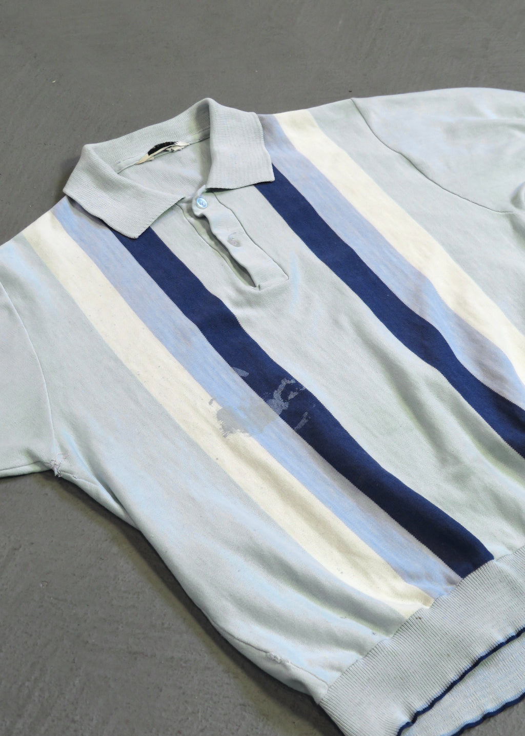 1960s Distressed Paint Splattered Light Blue Striped Polo Shirt