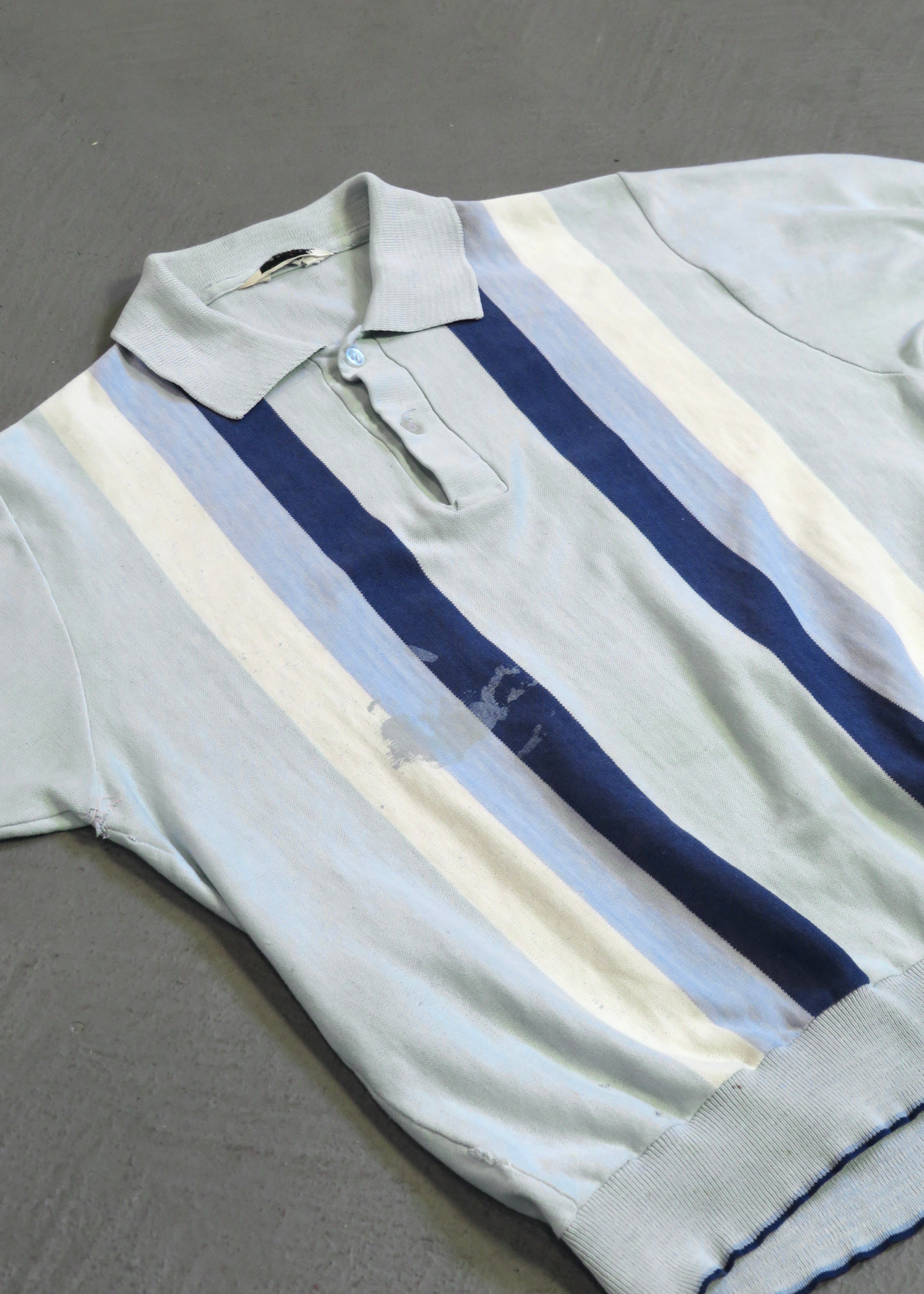 1960s Distressed Paint Splattered Light Blue Striped Polo Shirt