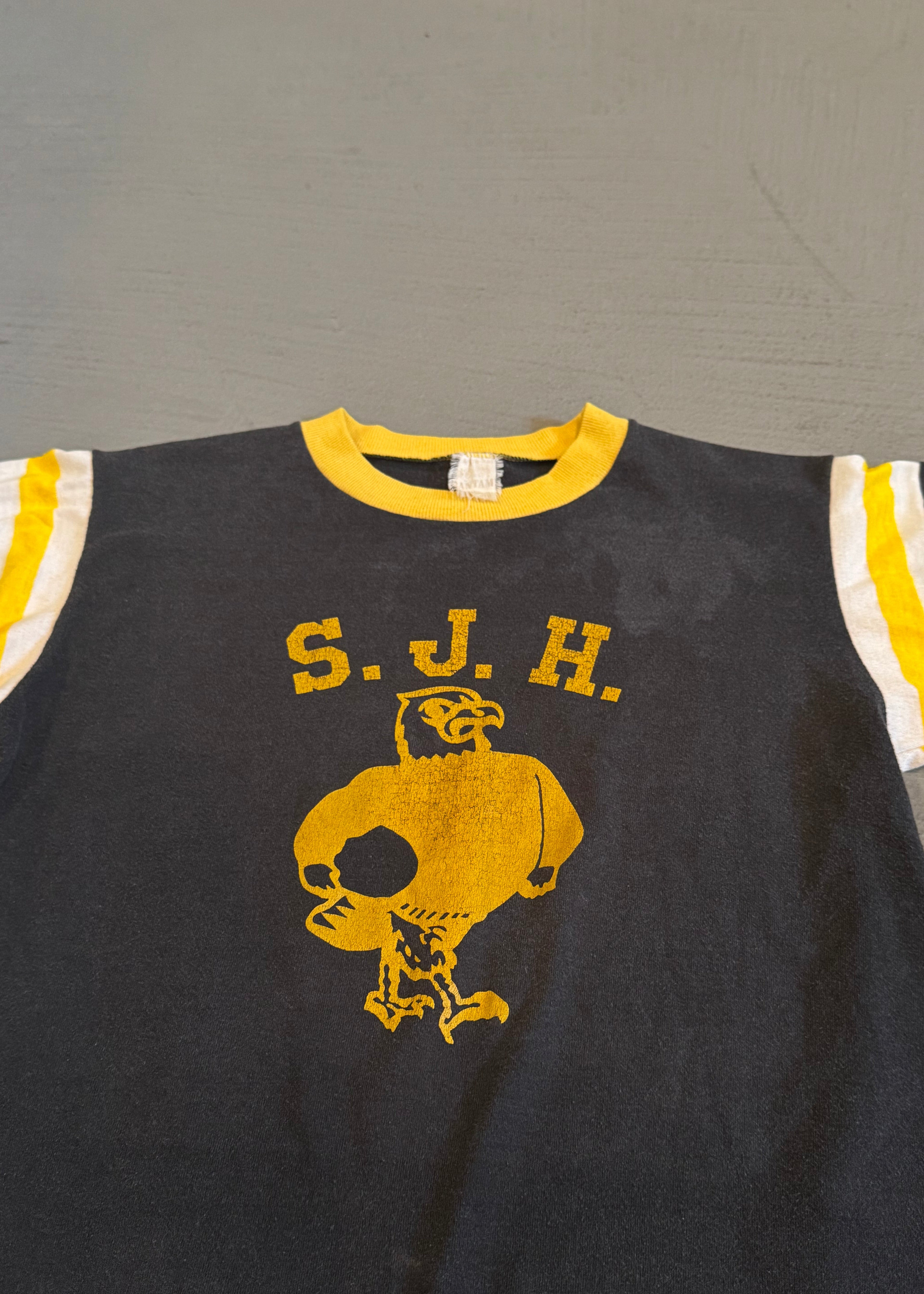 1980s Faded Black Mascot Ringer T-Shirt