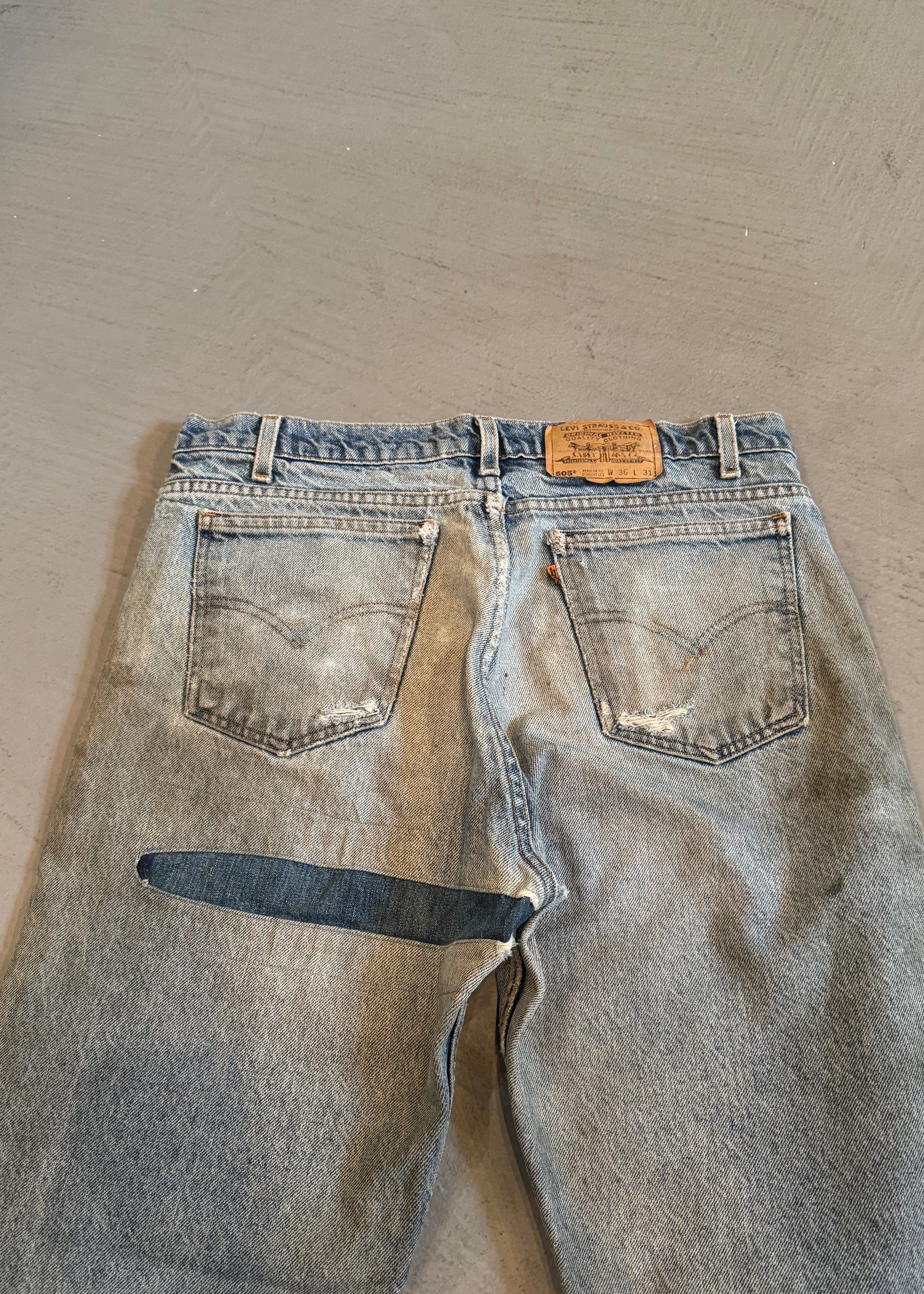 1990s Levi's 505 Orange Tab Dirty Wash Repaired Jeans