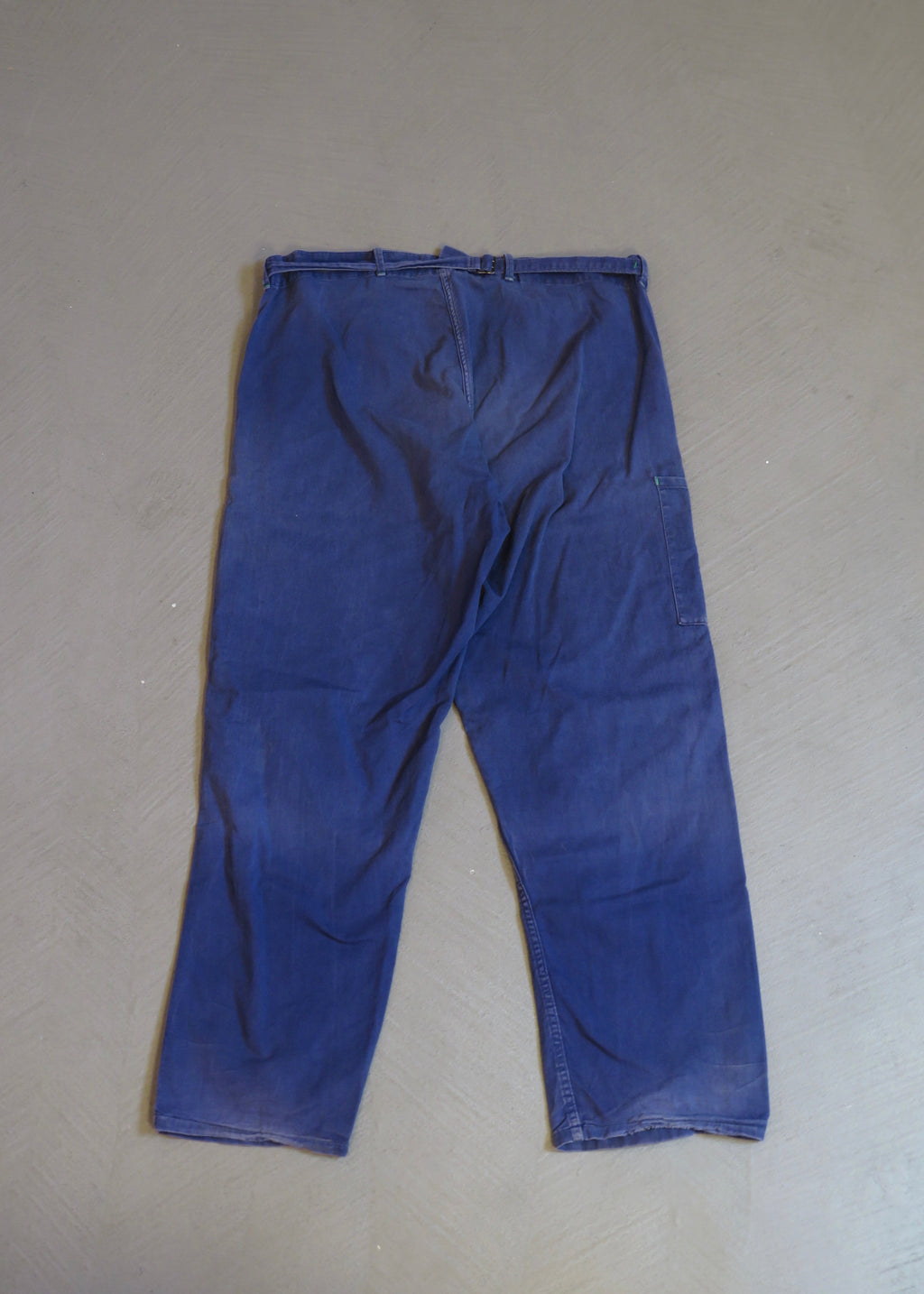1960s German European Blue Repaired Cinch-Back Workwear Pants