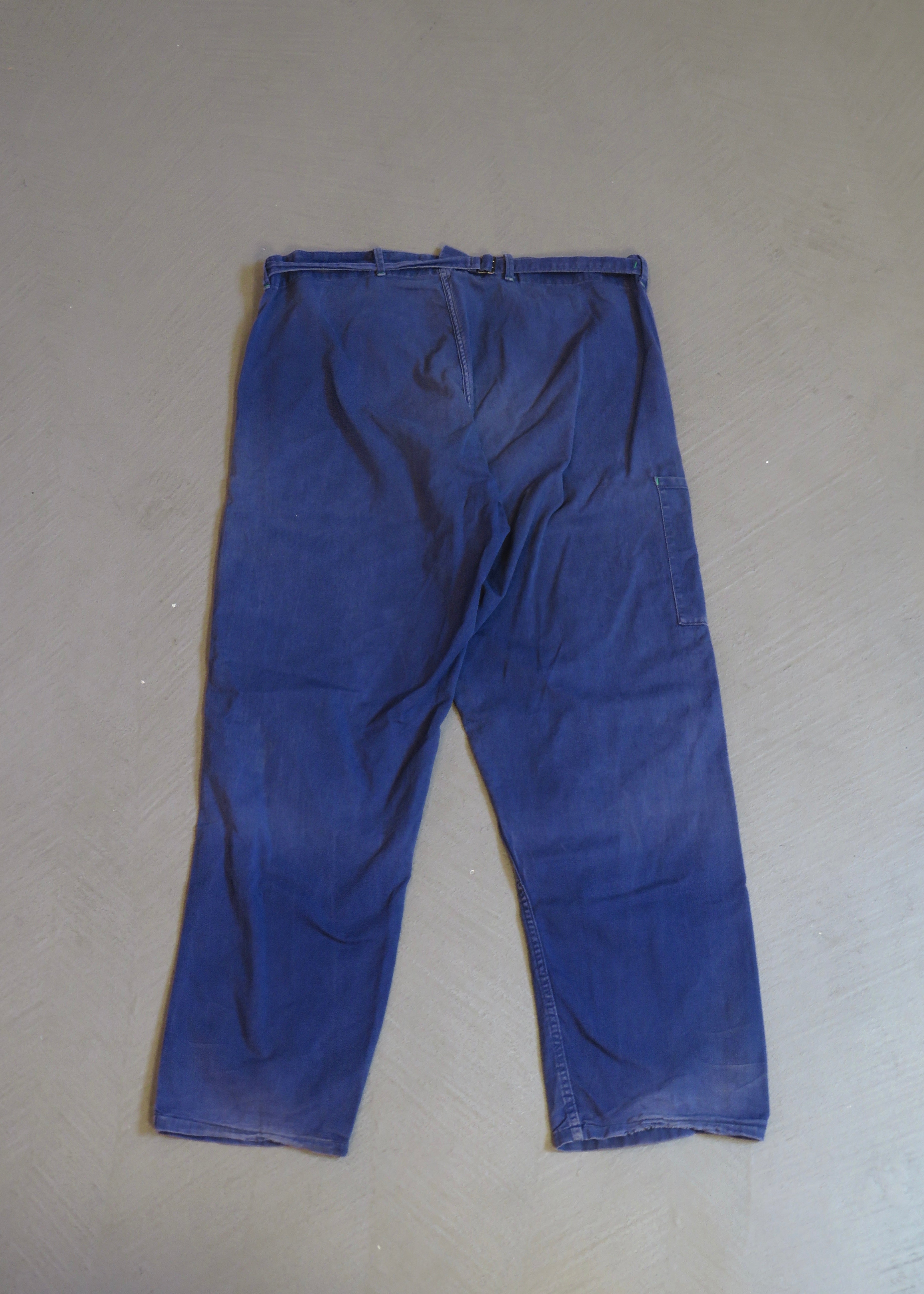 1960s German European Blue Repaired Cinch-Back Workwear Pants