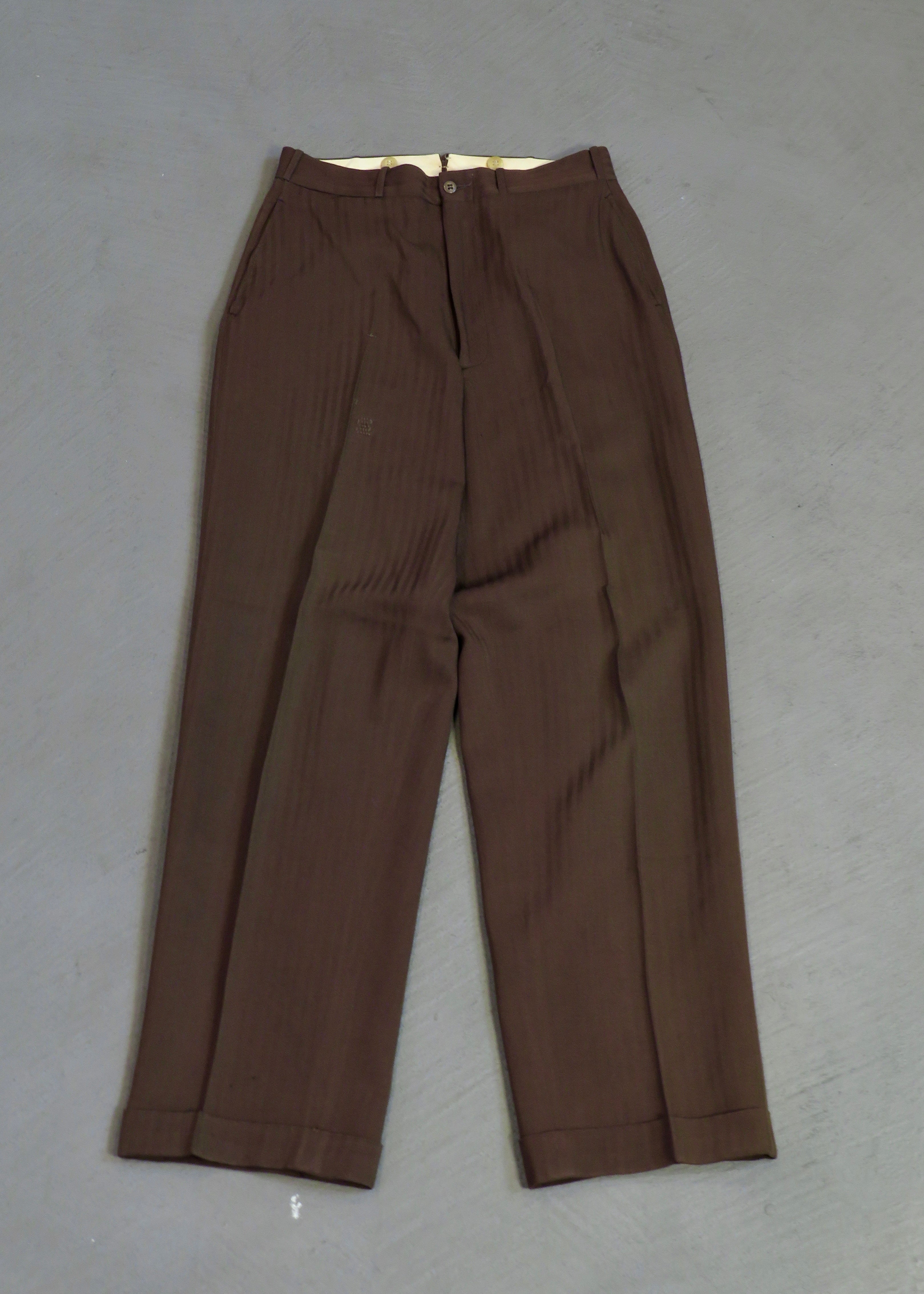 1950s Olive Brown Herringbone Trousers | 29"x32"