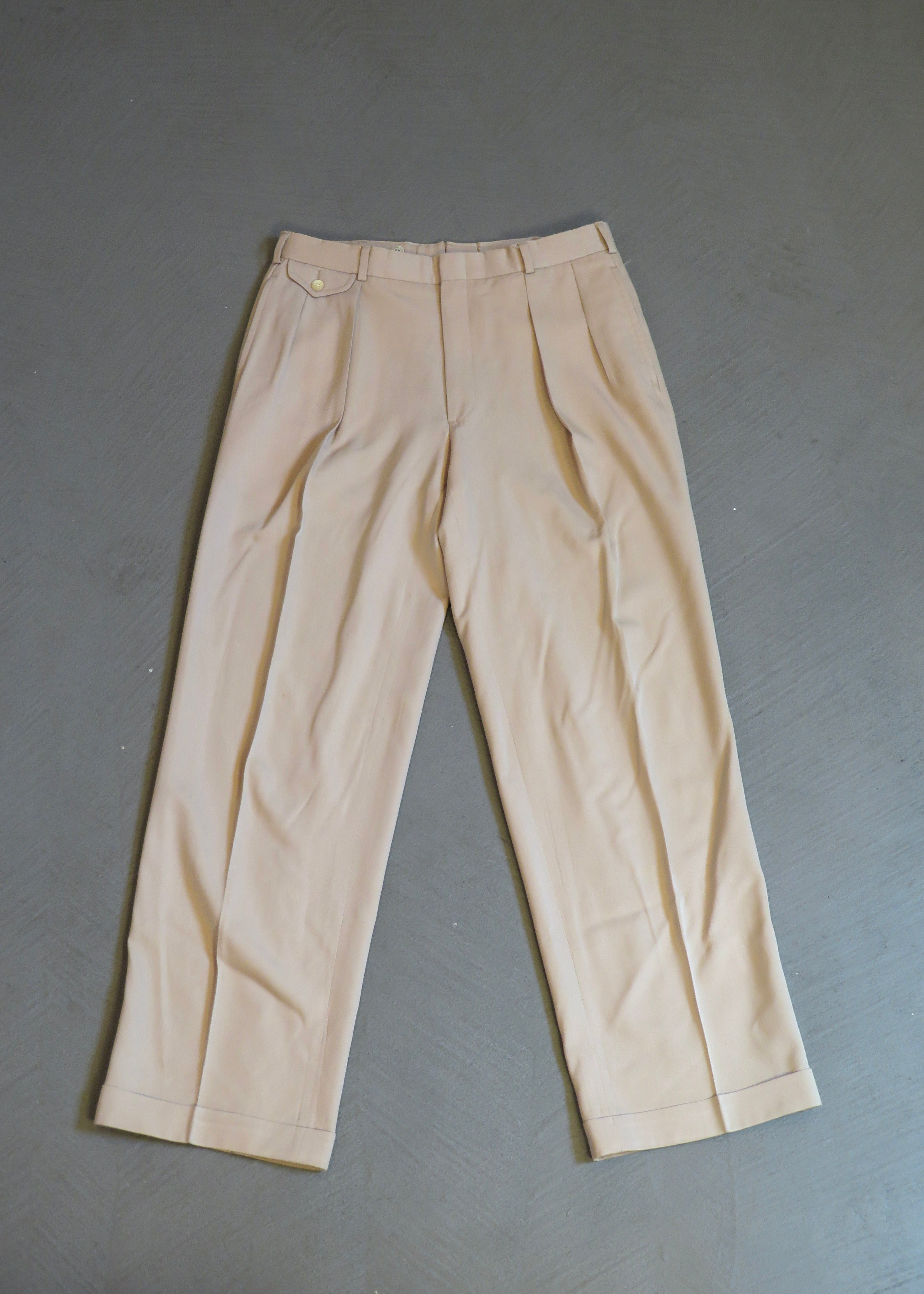 1990s Polo Ralph Lauren Khaki Tropical Wool Wide Leg Trousers