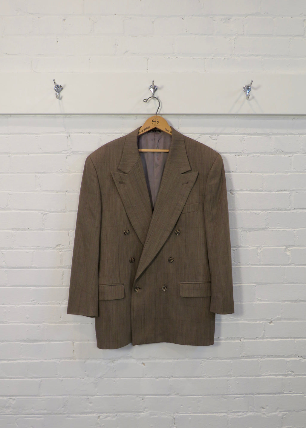 1990s Taupe Windowpane Double Breasted Suit