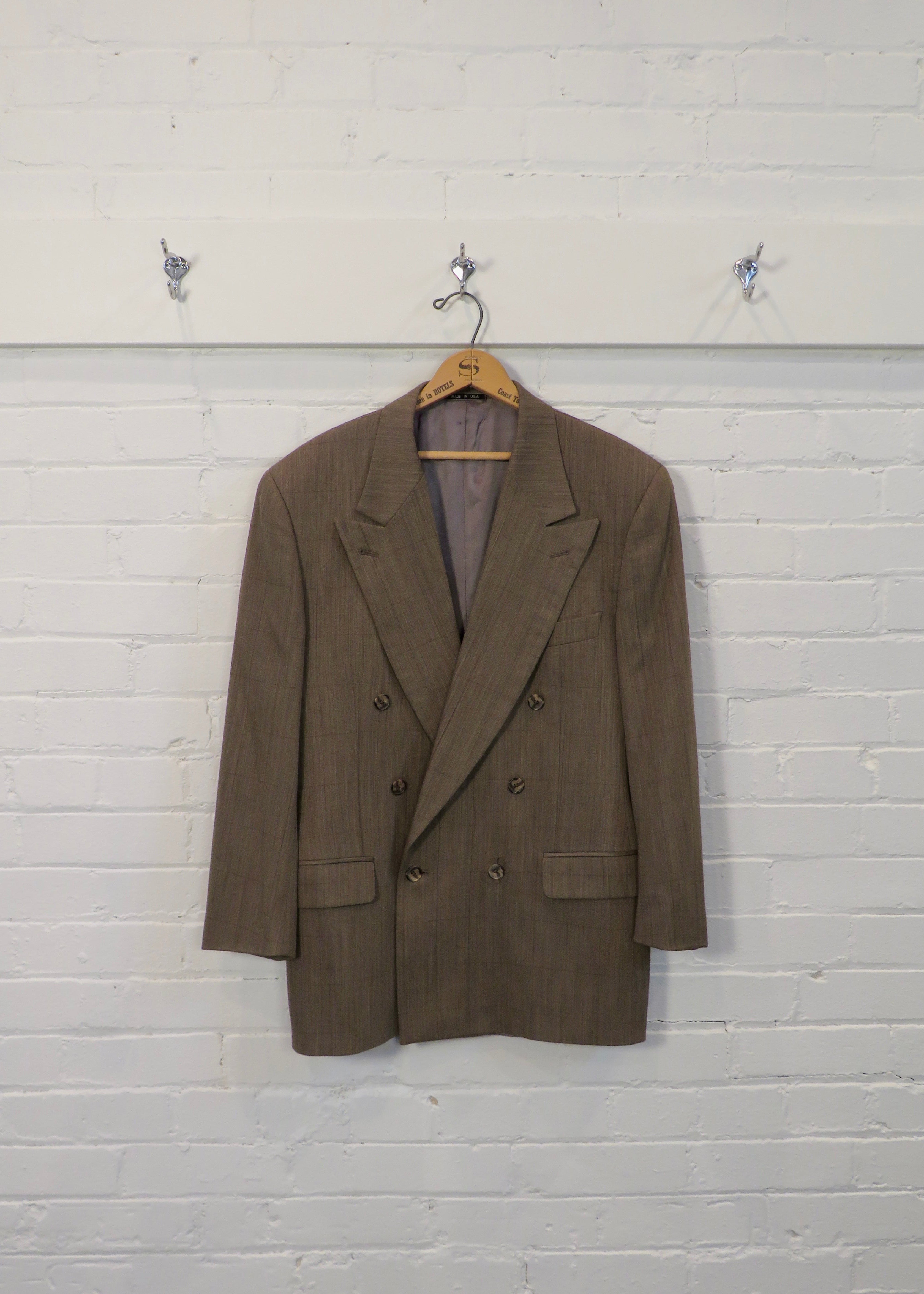1990s Taupe Windowpane Double Breasted Suit