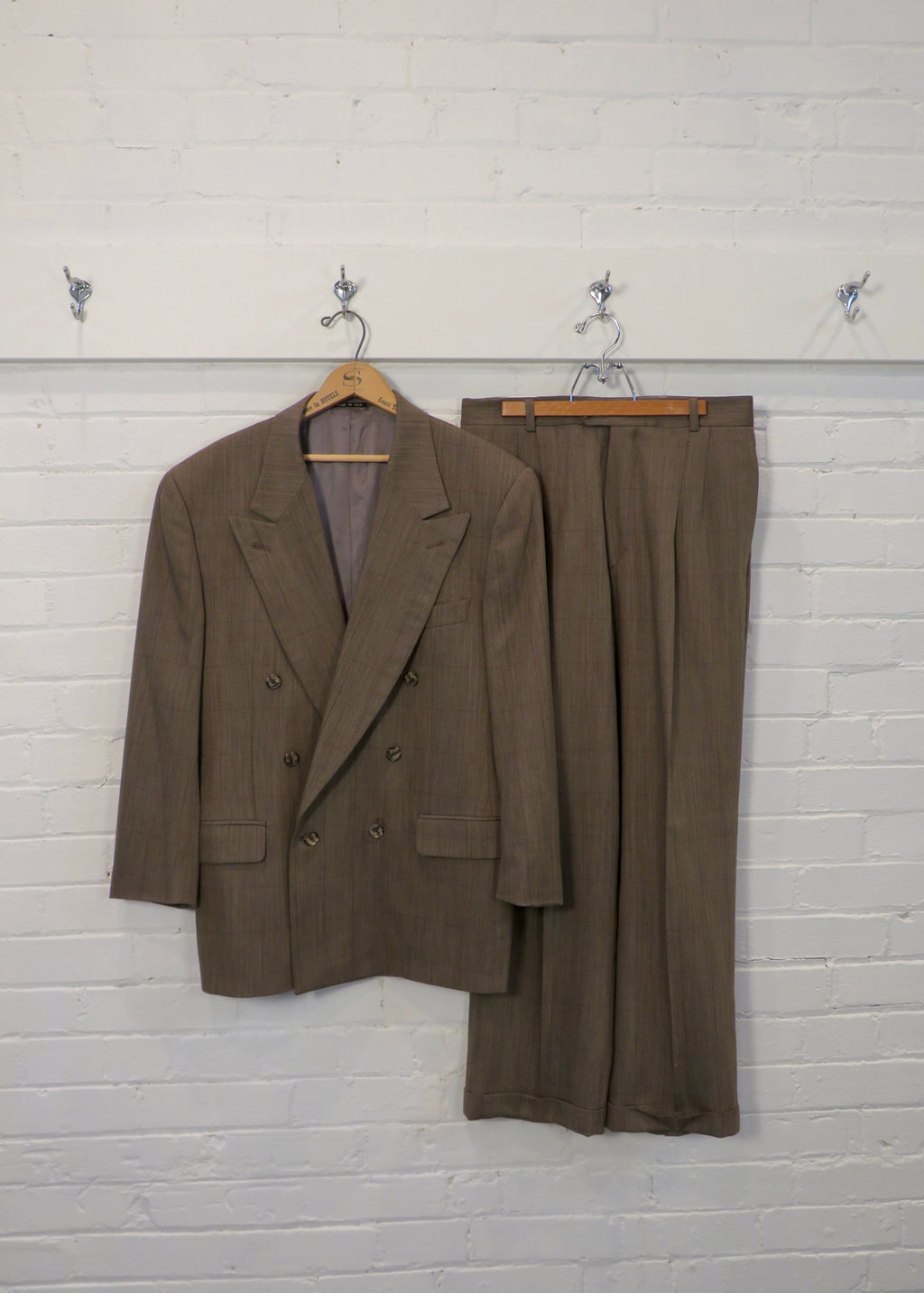 1990s Taupe Windowpane Double Breasted Suit