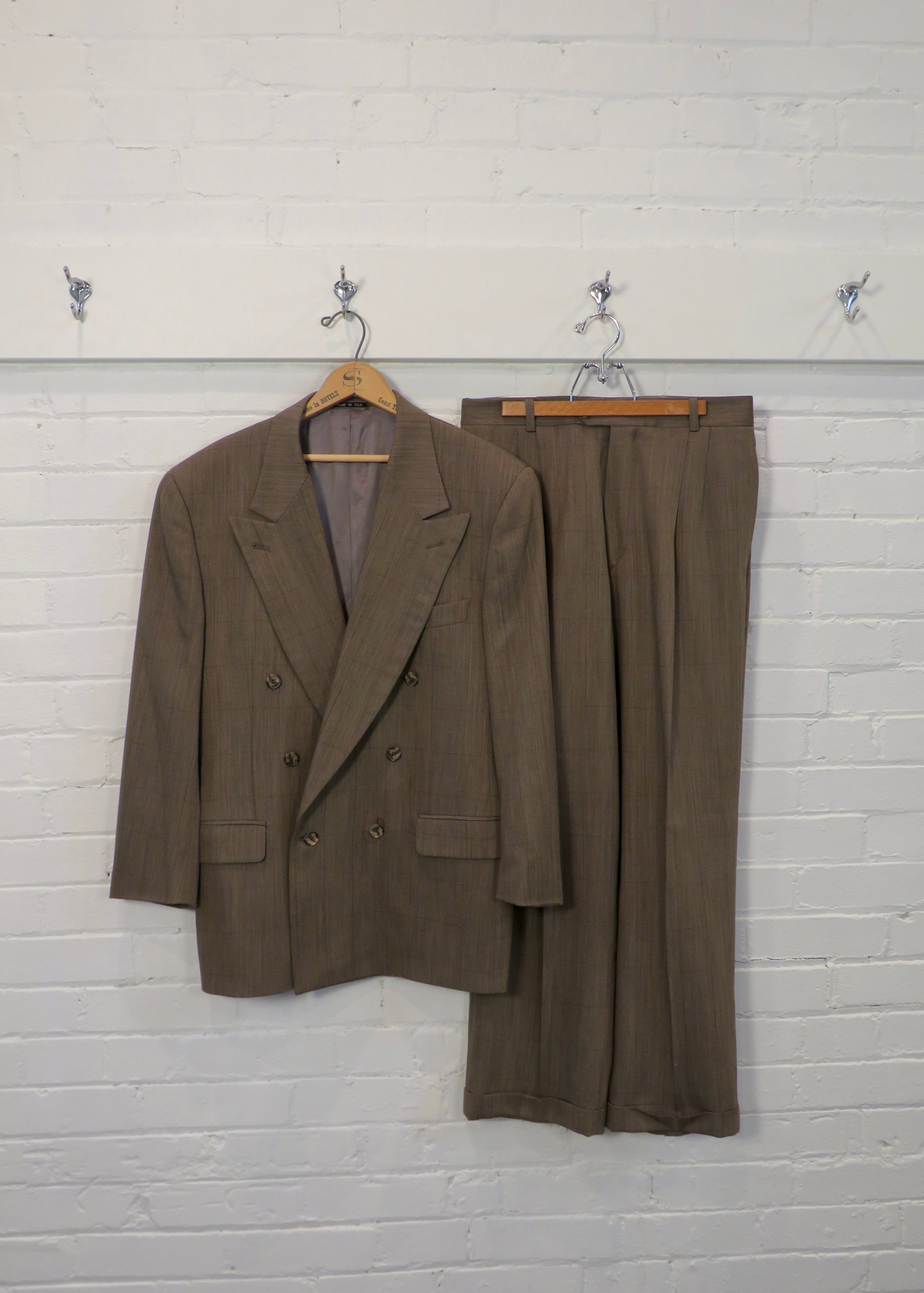 1990s Taupe Windowpane Double Breasted Suit