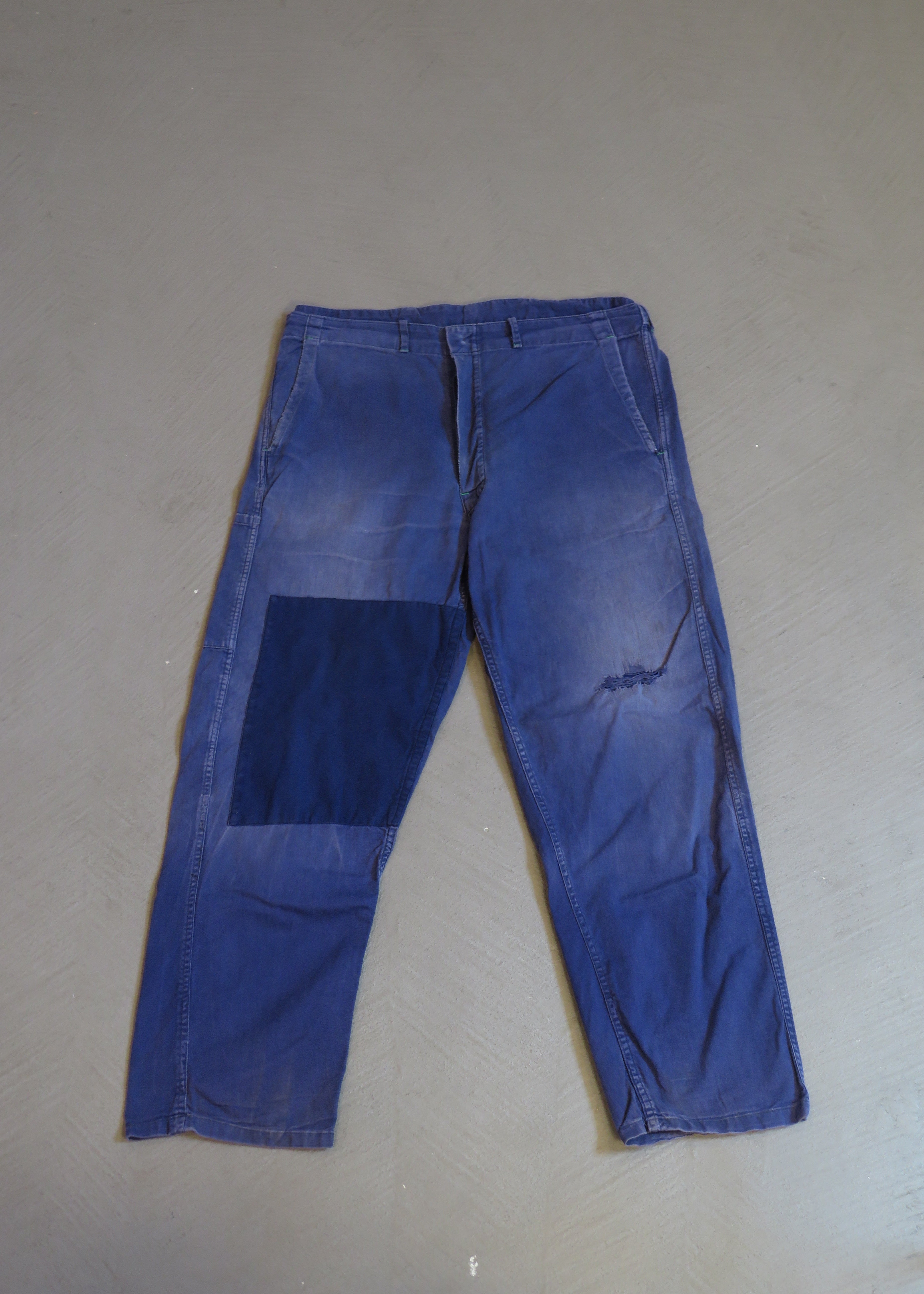 1960s German European Blue Repaired Cinch-Back Workwear Pants