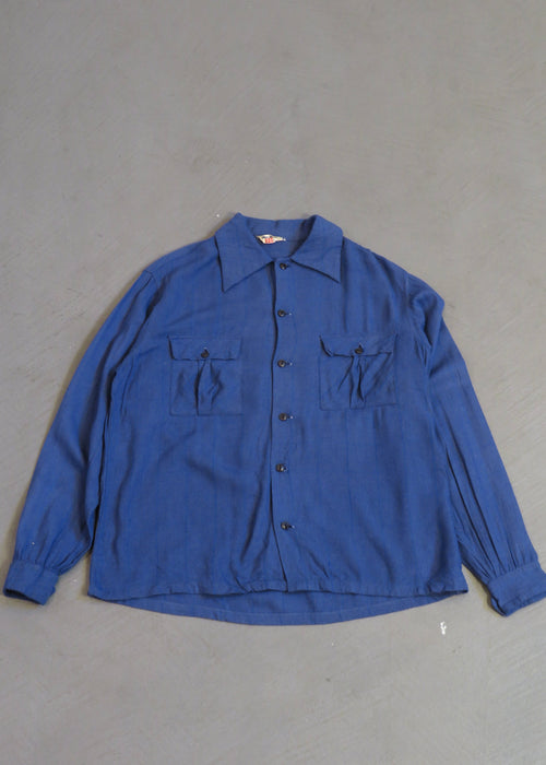 1950s Blue Plaid Wool Gabardine Overshirt