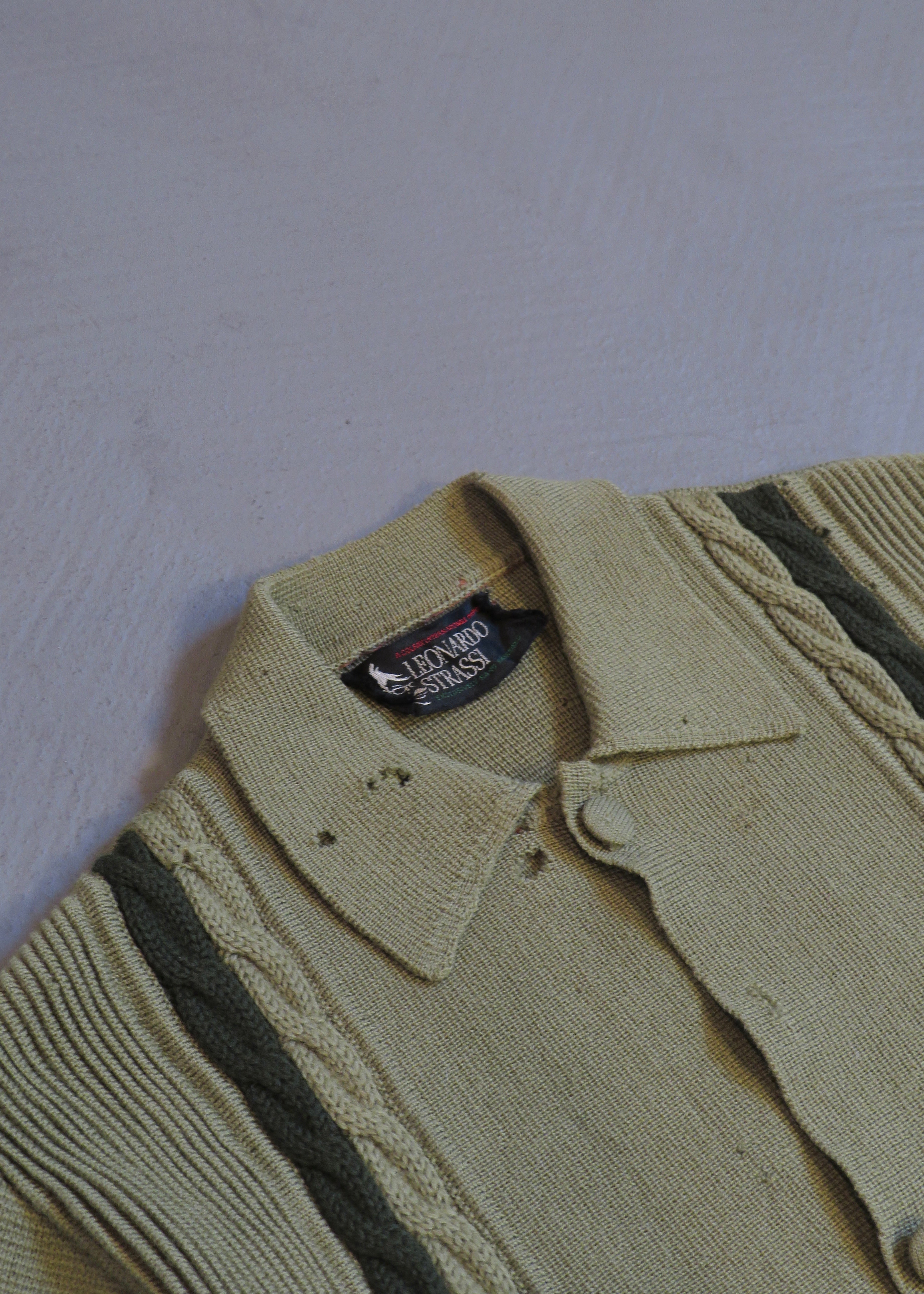 1960s Leonardo Strassi Green Cable Knit Distressed Moth Eaten Button Up Cardigan Sweater