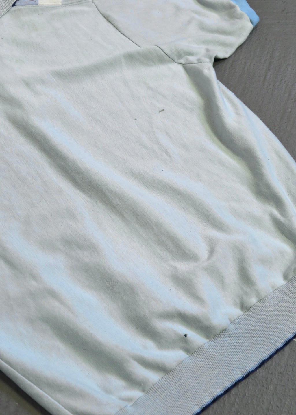 1960s Distressed Paint Splattered Light Blue Striped Polo Shirt