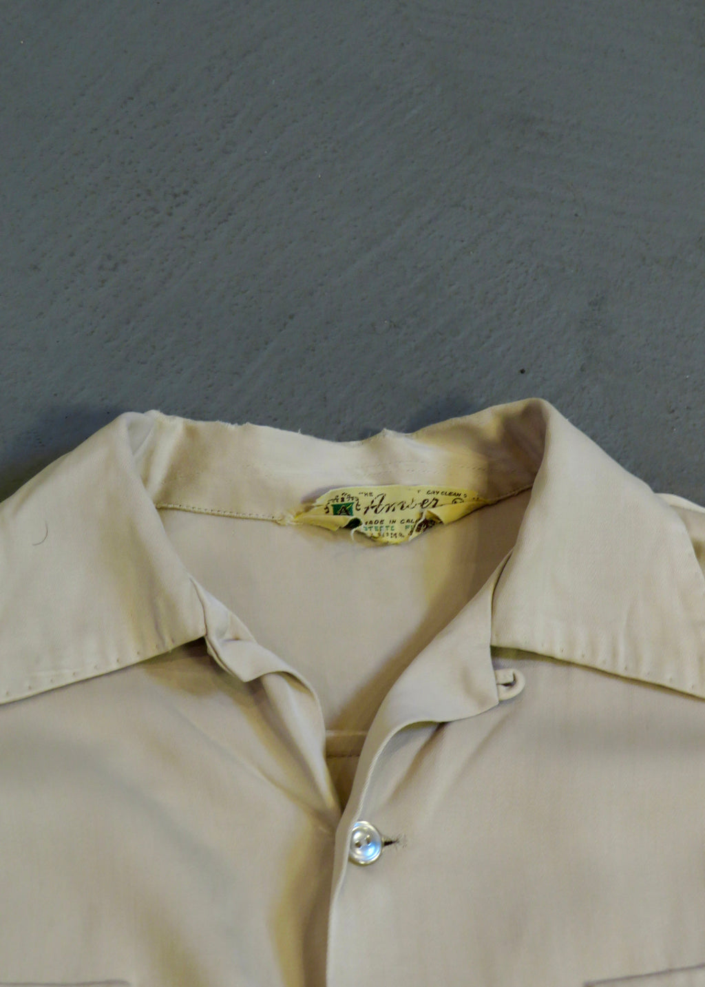 1950s Distressed Tan Rayon Gabardine Overshirt