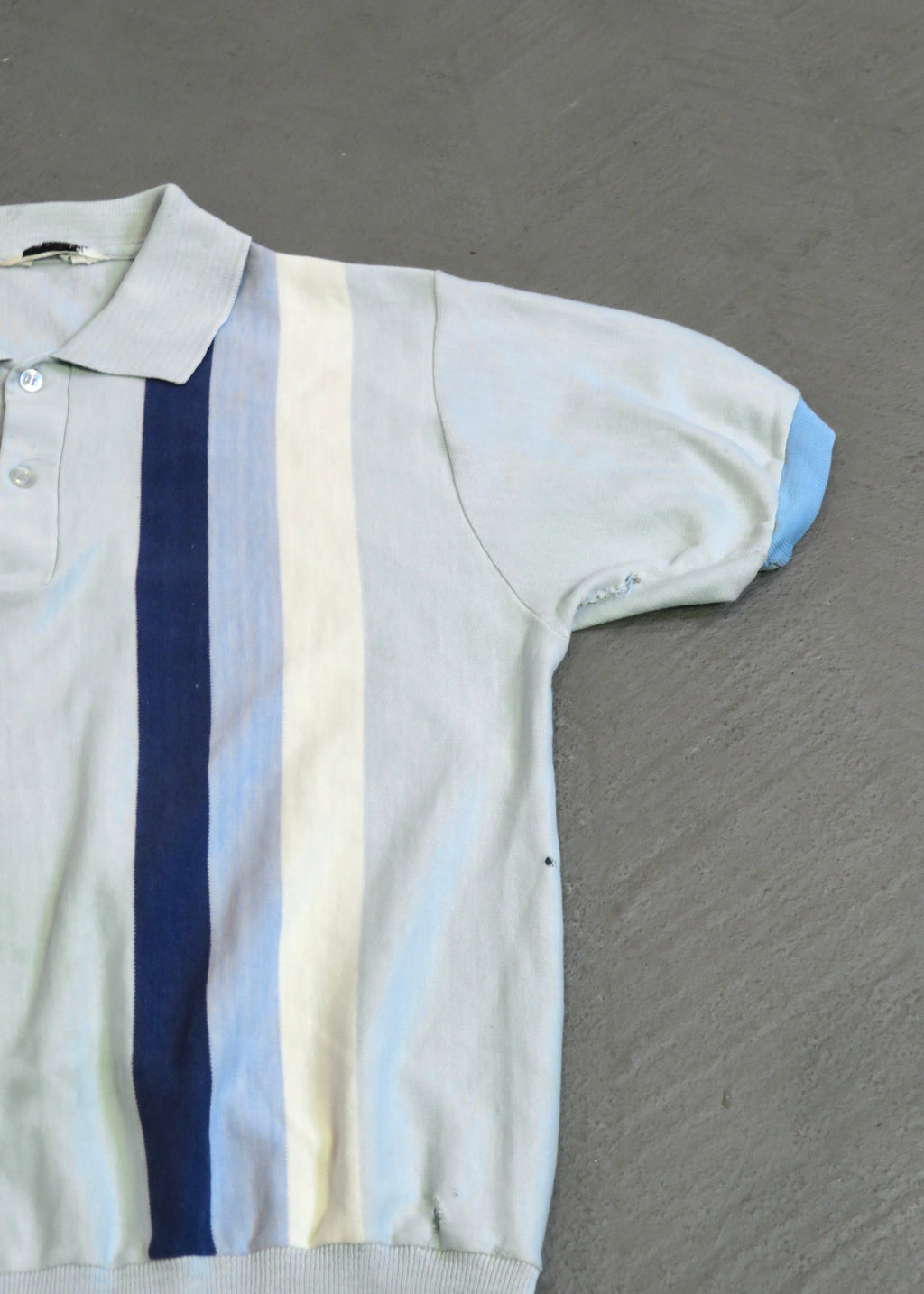 1960s Distressed Paint Splattered Light Blue Striped Polo Shirt
