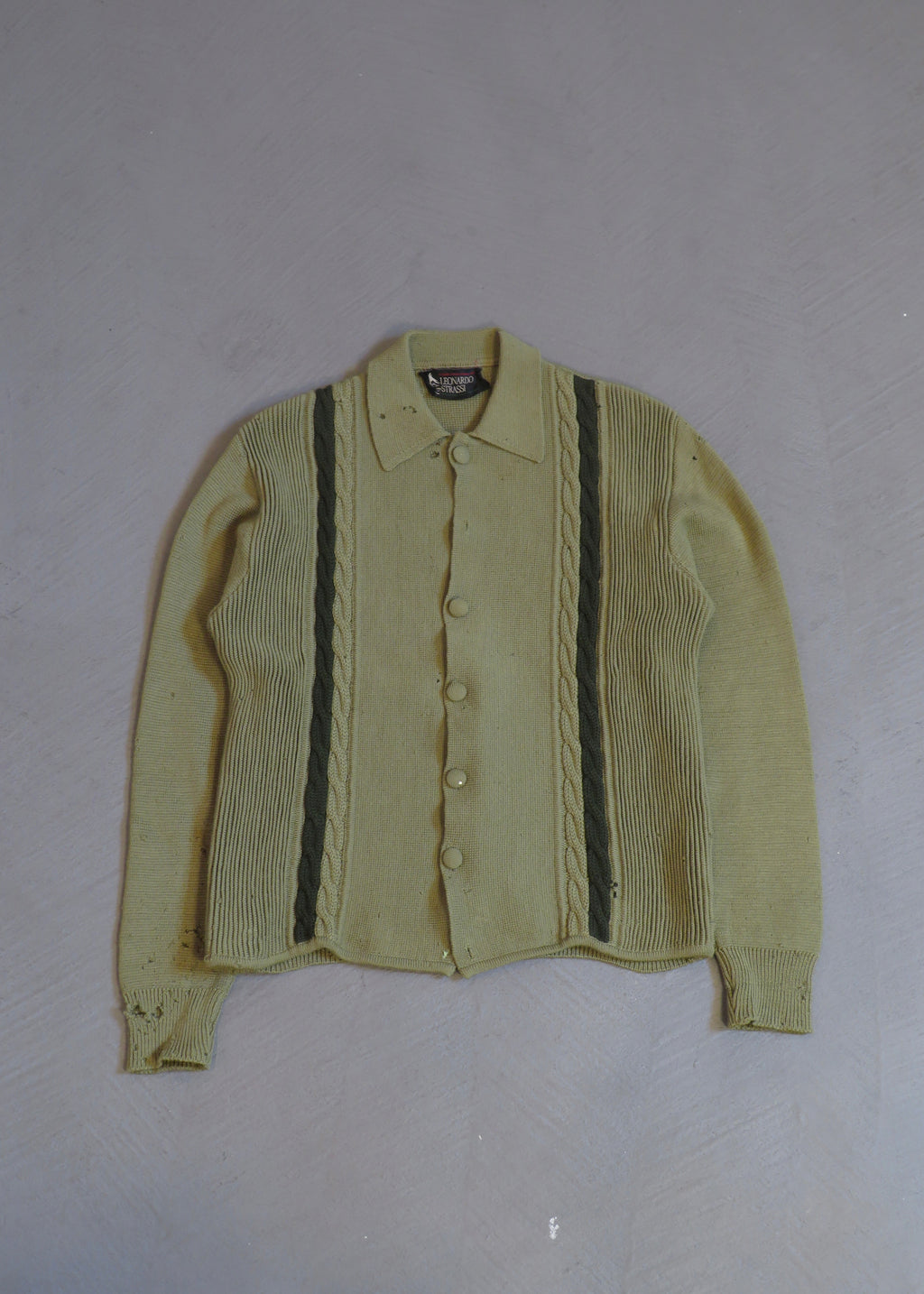 1960s Leonardo Strassi Green Cable Knit Distressed Moth Eaten Button Up Cardigan Sweater