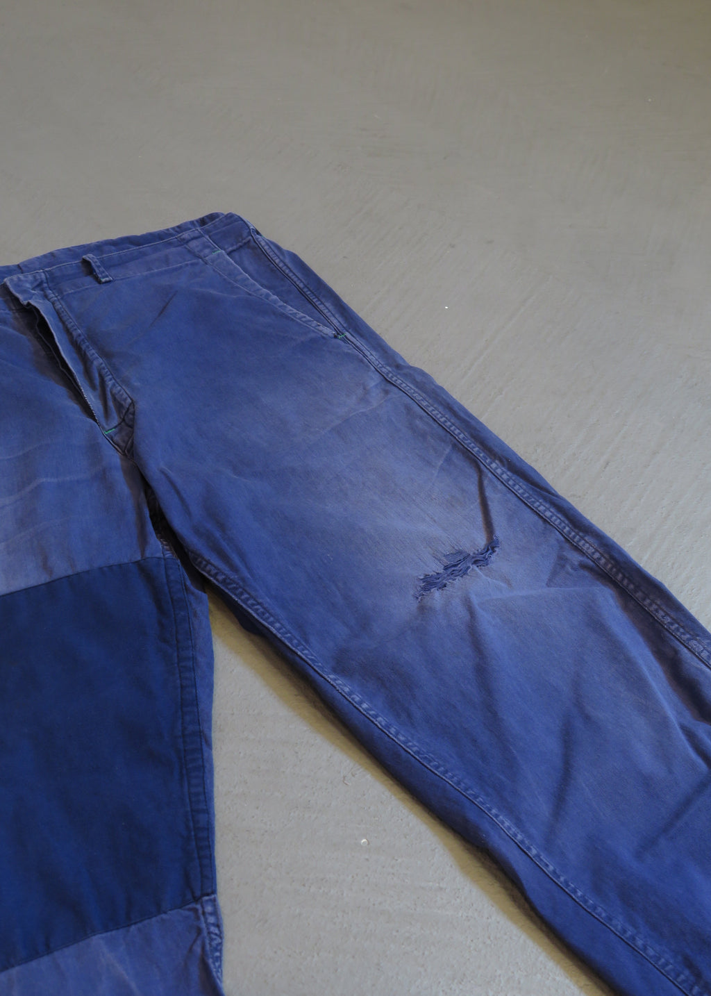 1960s German European Blue Repaired Cinch-Back Workwear Pants