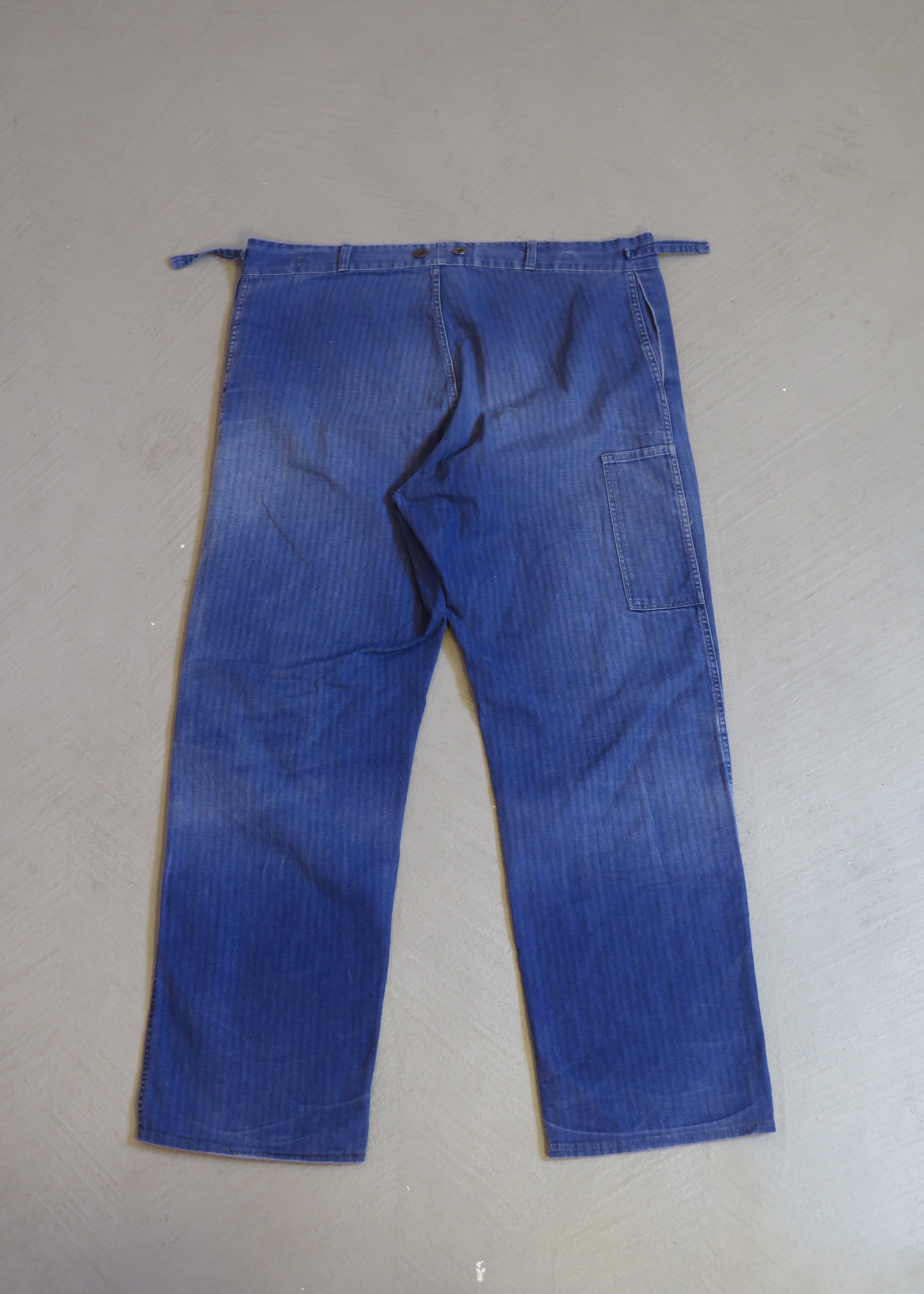 1960s German European Blue Repaired HBT Herringbone Workwear Pants