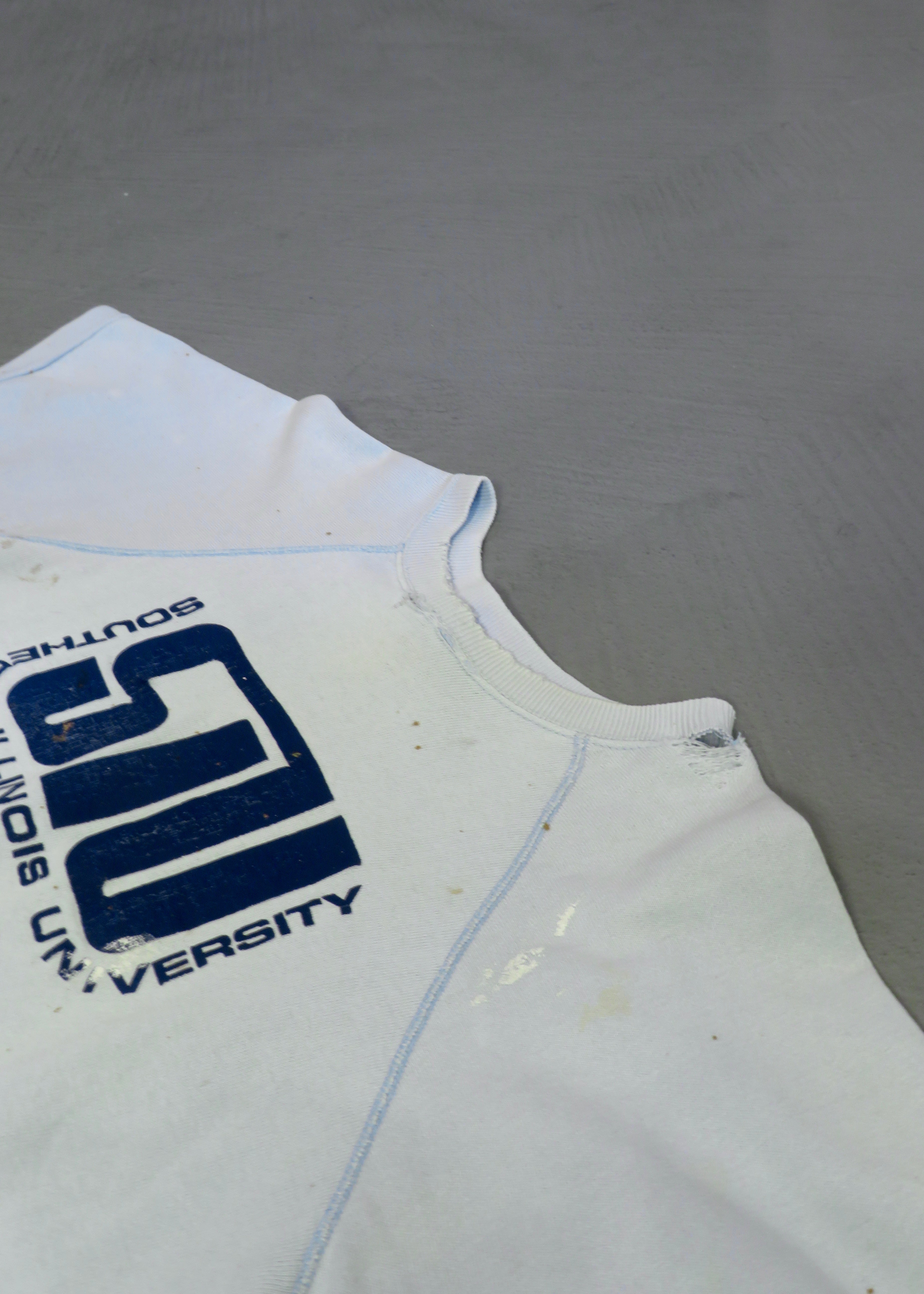 1960s Southern Illinois University Light Blue Distressed Short Sleeved Sweatshirt