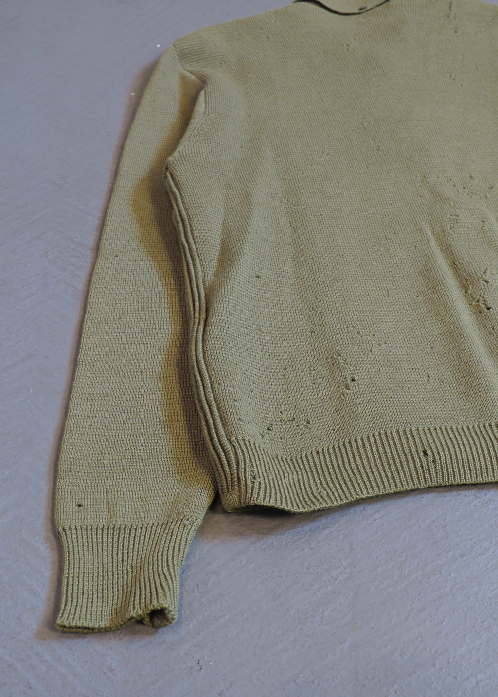 1960s Leonardo Strassi Green Cable Knit Distressed Moth Eaten Button Up Cardigan Sweater