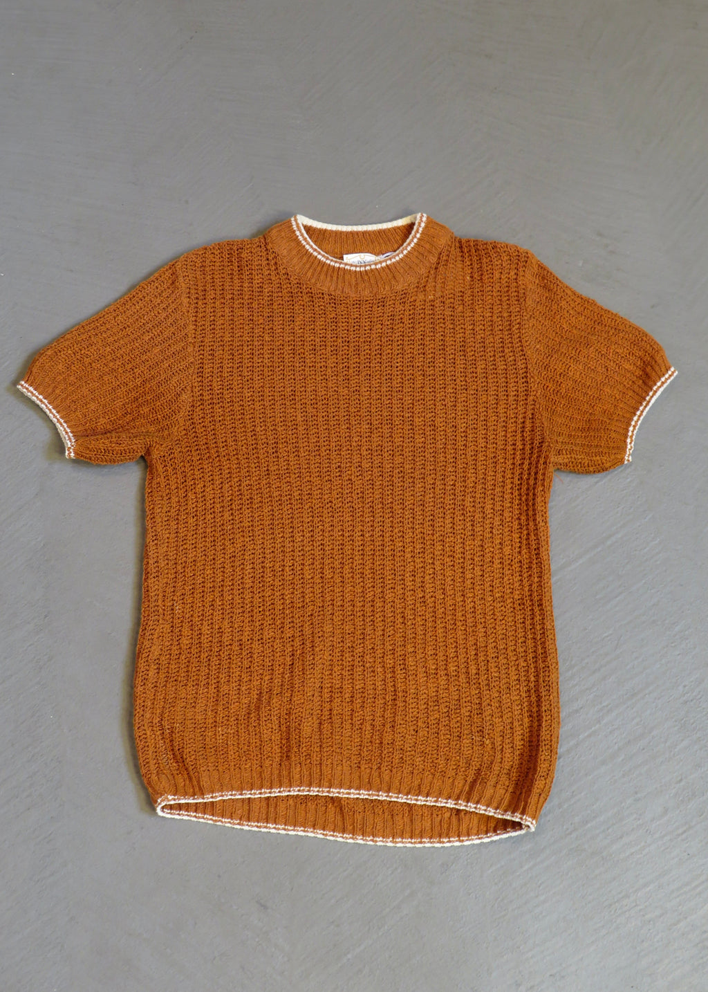 1970s Sienna Brown Mock Neck Short Sleeved Knit Sweater