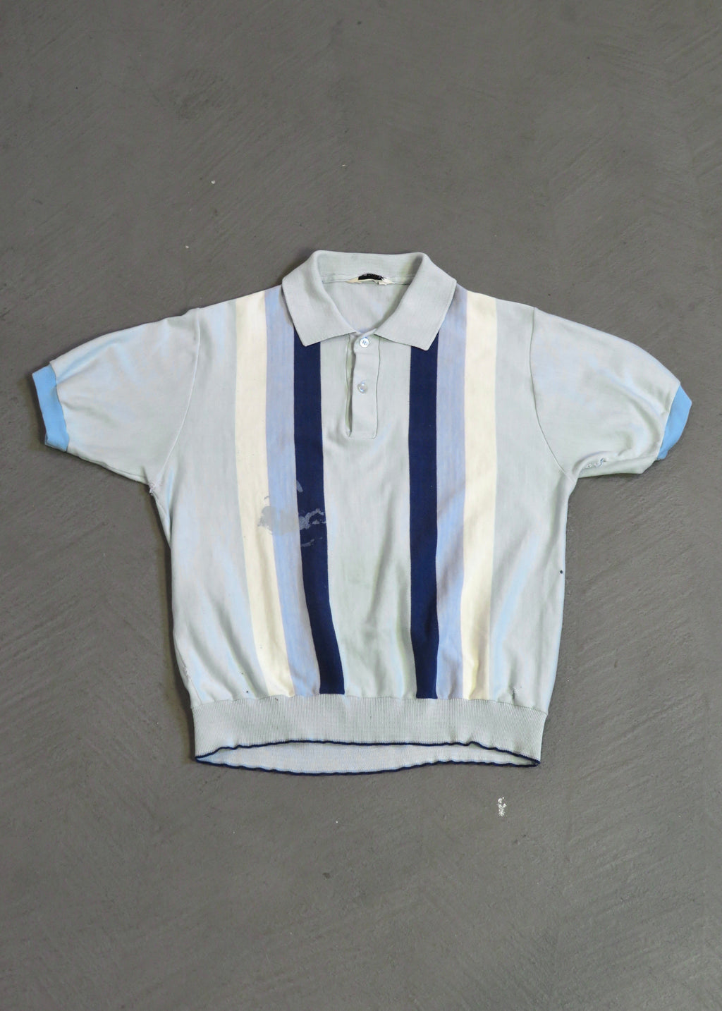 1960s Distressed Paint Splattered Light Blue Striped Polo Shirt