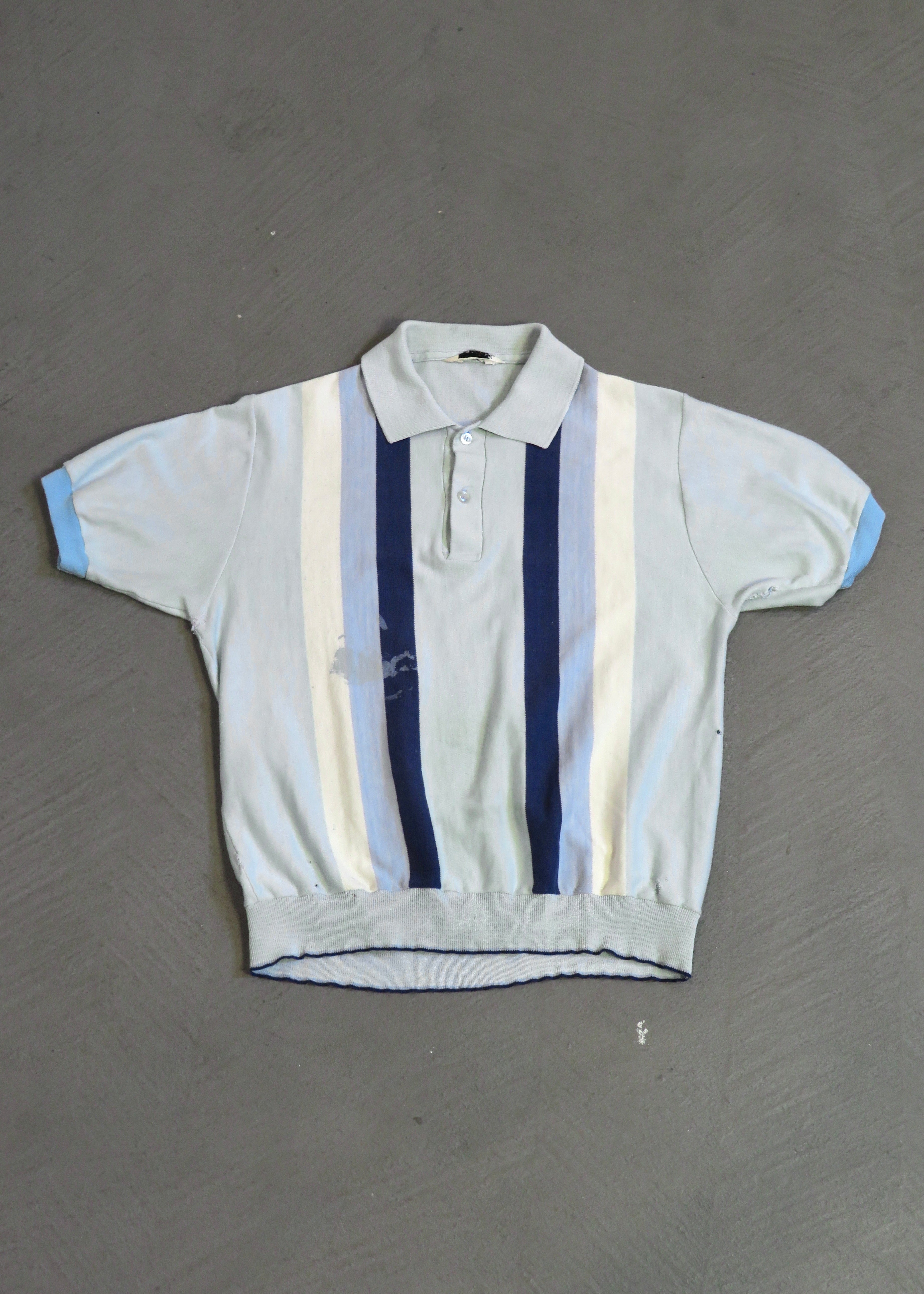 1960s Distressed Paint Splattered Light Blue Striped Polo Shirt
