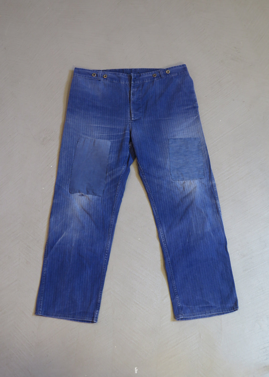 1960s German European Blue Repaired HBT Herringbone Workwear Pants