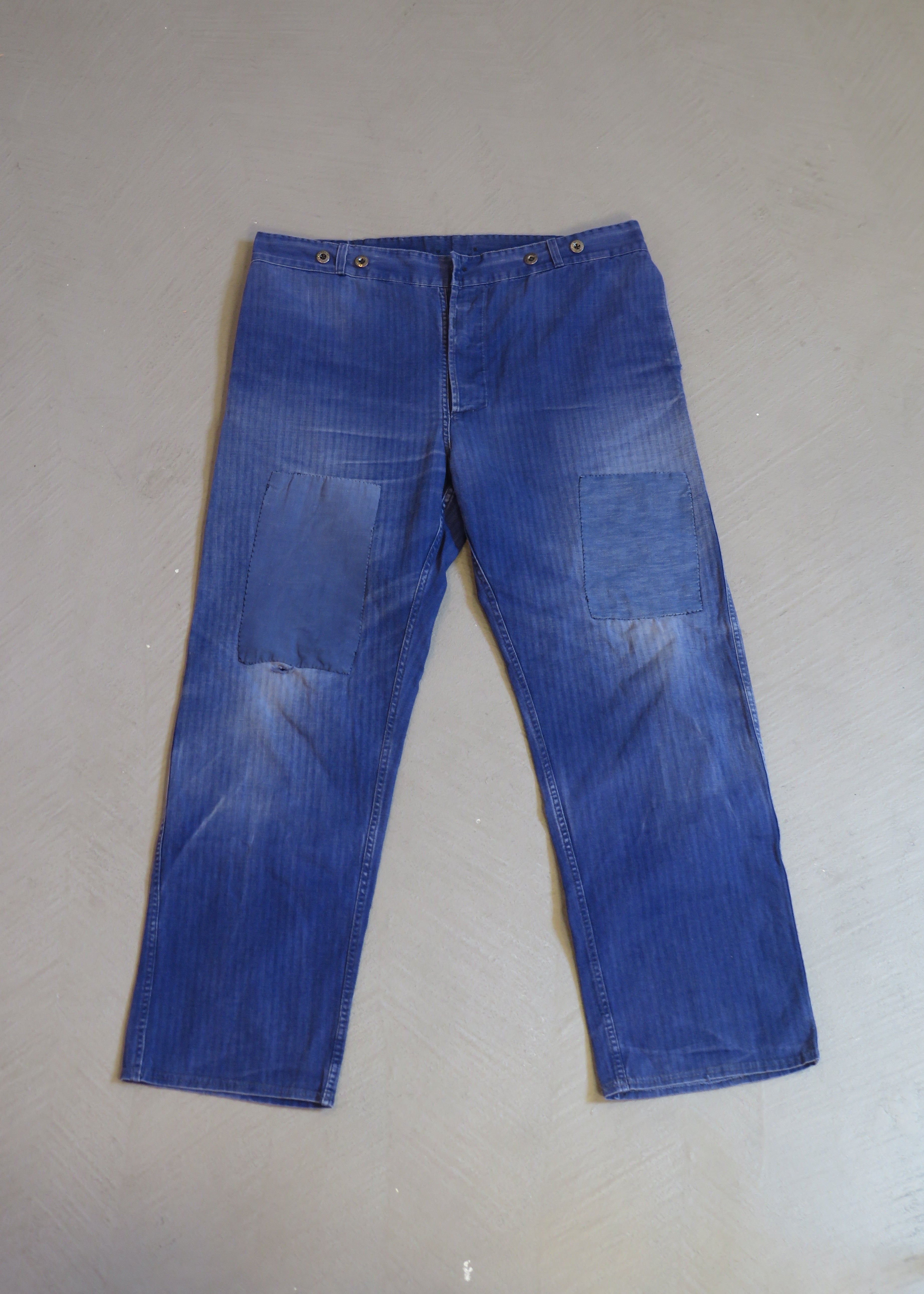 1960s German European Blue Repaired HBT Herringbone Workwear Pants