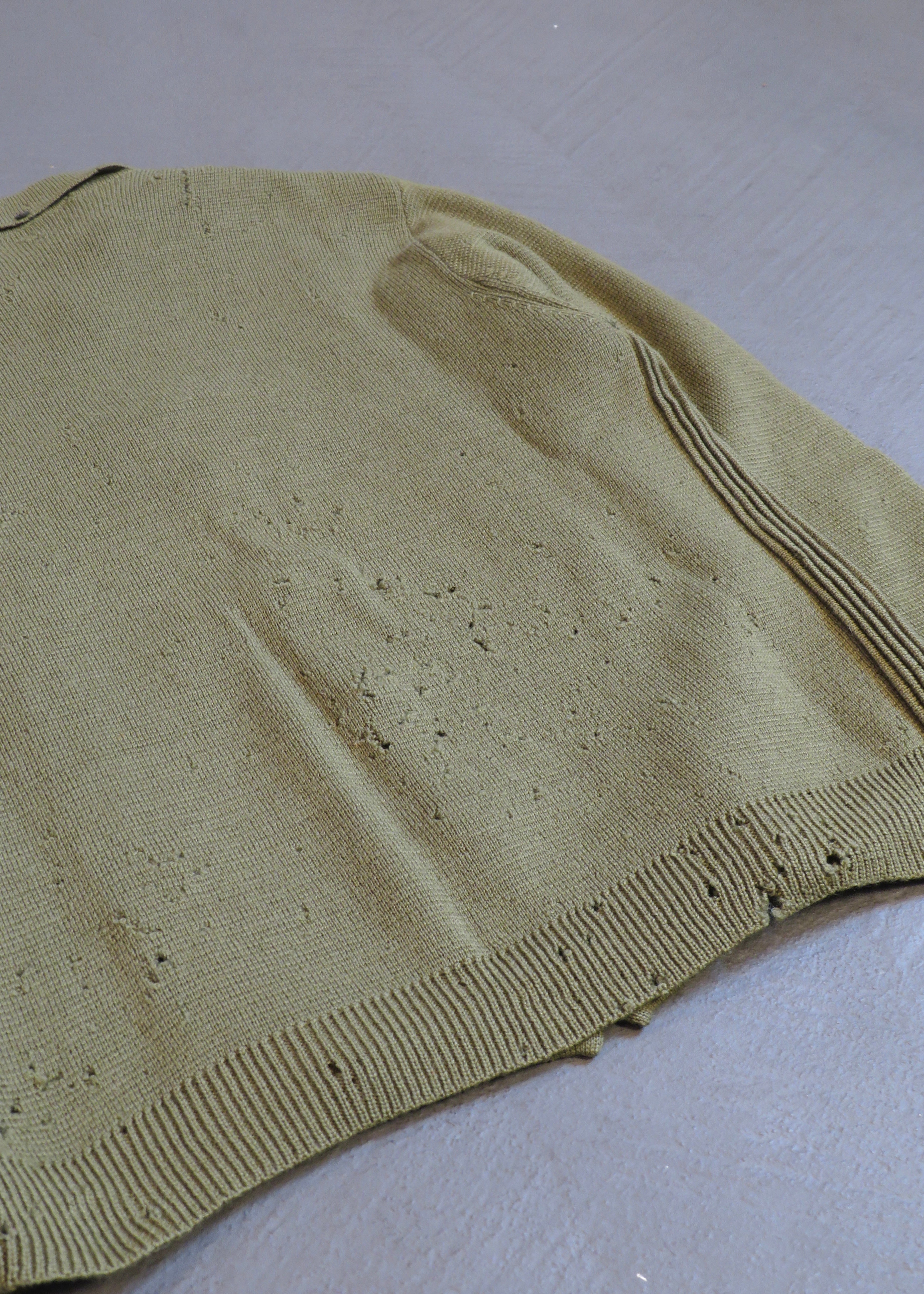 1960s Leonardo Strassi Green Cable Knit Distressed Moth Eaten Button Up Cardigan Sweater
