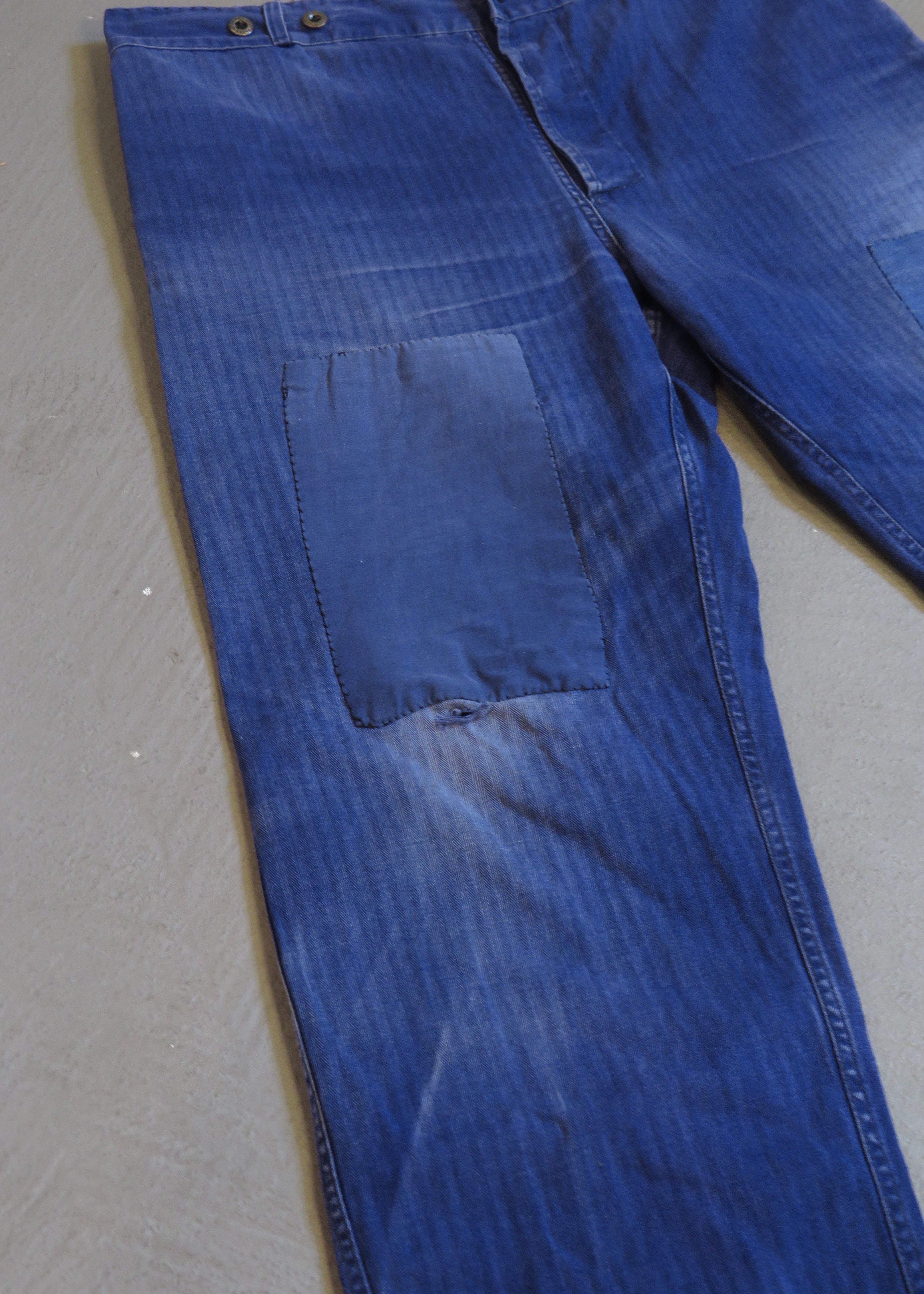 1960s German European Blue Repaired HBT Herringbone Workwear Pants