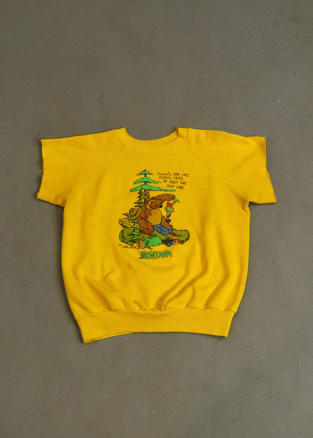 1970s Montana Tourist Comedy Cutoff Short Sleeved Sweatshirt