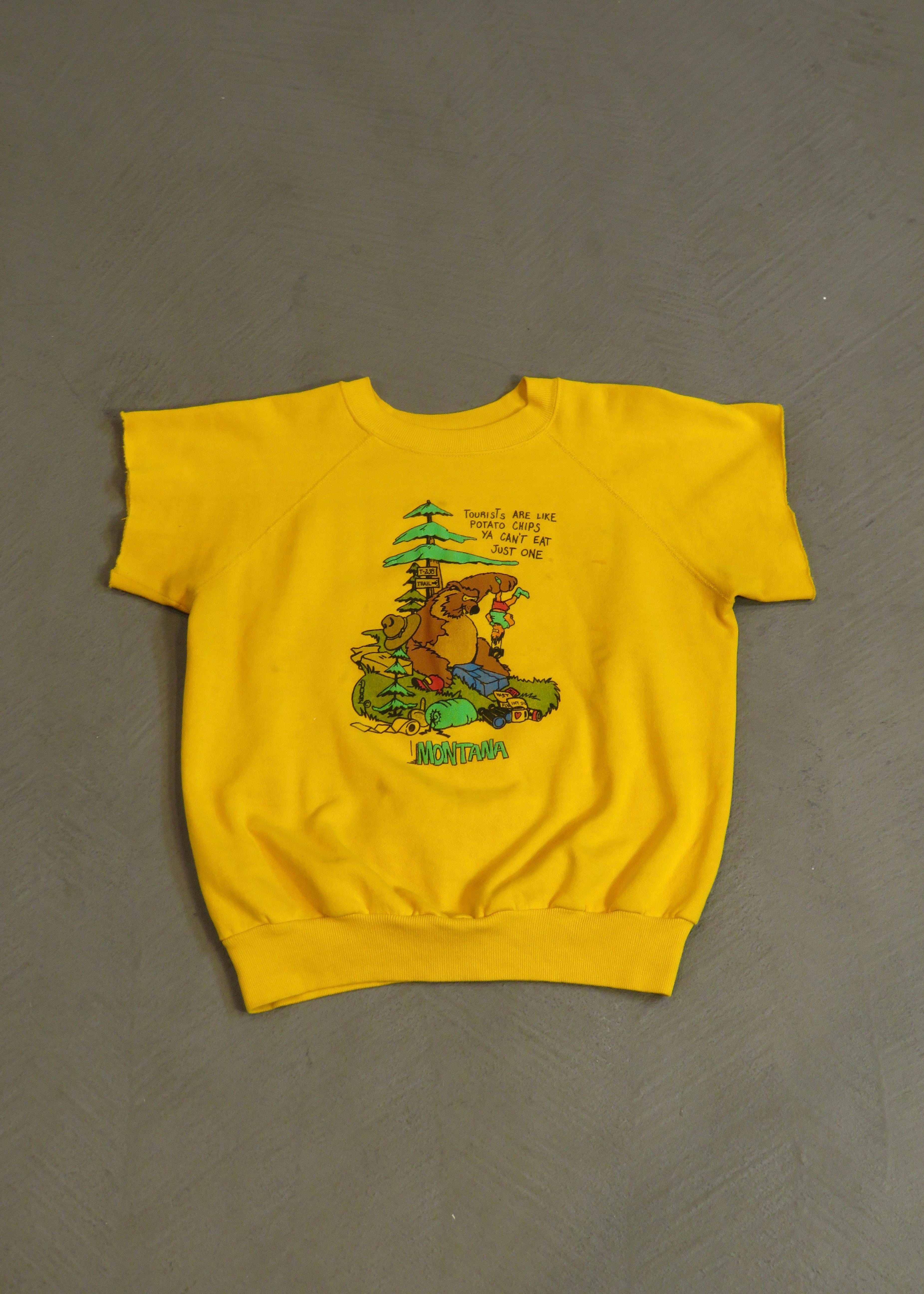 1970s Montana Tourist Comedy Cutoff Short Sleeved Sweatshirt
